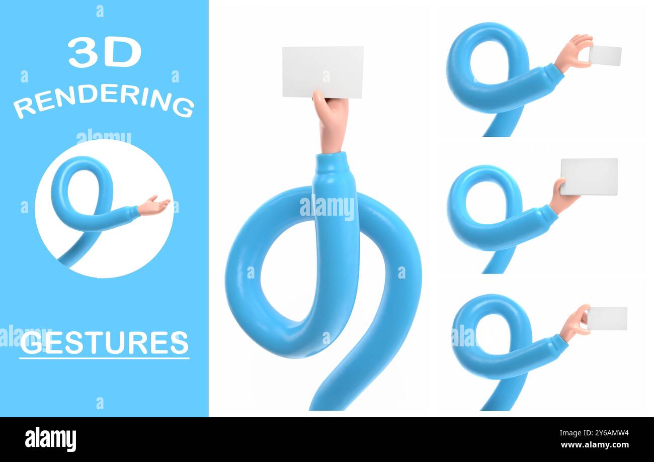 Collection de gestes de rendu 3D, icône de geste de dessin animé Mockup.3d main tenant la carte ou le geste de tablette, rendu 3D sur fond blanc.long bras concp Banque D'Images