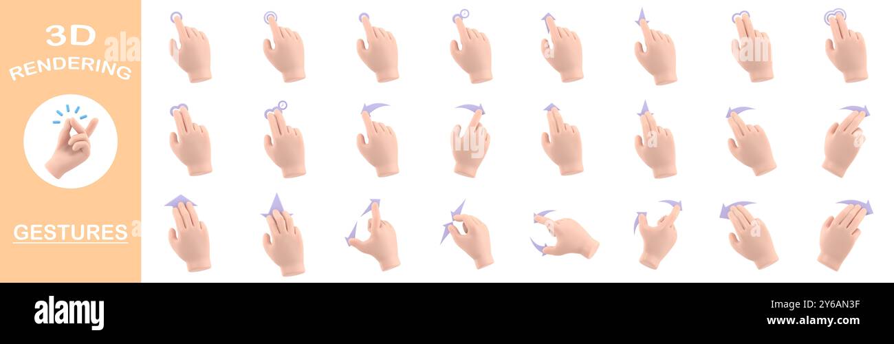 Collection de gestes de rendu 3D, maquette d'icône de geste de dessin animé. Icônes de ligne de geste de l'écran tactile.illustration 3D divers gestes de l'écran tactile. Banque D'Images