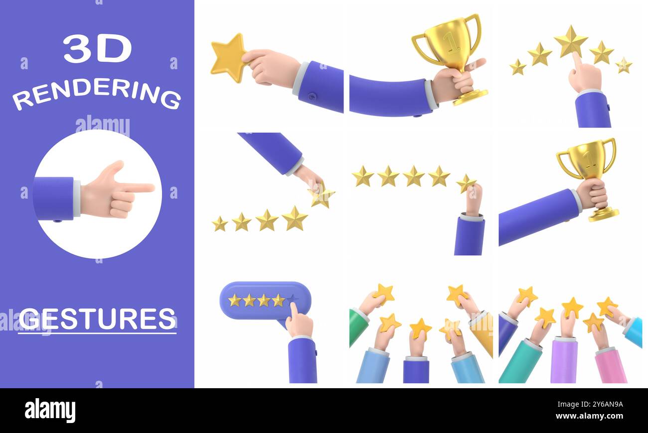 Collection de gestes de rendu 3D, maquette d'icône de geste de dessin animé. Nombre d'étoiles. Homme d'affaires tenant une étoile d'or à la main, pour en donner cinq. Concept de feedback. EVAL Banque D'Images