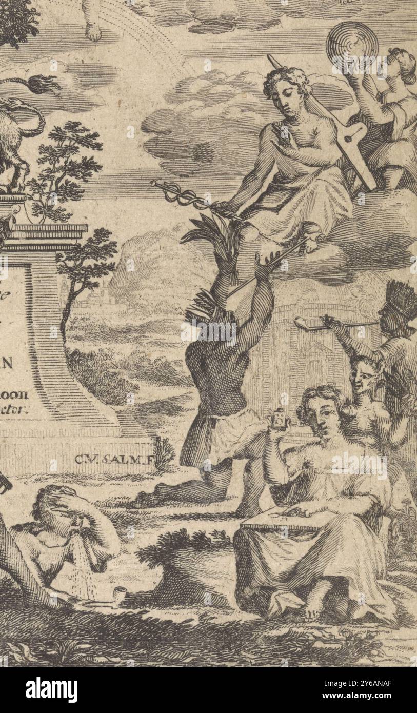 Allégorie de la botanique, page de titre pour : Theodorus Schoon, véritable exercice et analyse des plantes, 1692, la vierge hollandaise, avec couronne murale sur la tête et clé à la main, sur un piédestal. Trois putti sur les nuages. À droite, deux habitants originaux de l'Amérique offrent du tabac et des matériaux à fumer à Mercure, qui est assis sur un nuage. Page de titre pour un livre sur les plantes et le tabac., estampe, imprimeur : Anthony van Zijlvelt, (mentionné sur l'objet), après conception par : C. van Salm, (mentionné sur l'objet), éditeur : Meyndert Uytwerf (I), (mentionné sur l'objet), imprimeur : Amsterdam, éditeur : la Haye, 16 Banque D'Images