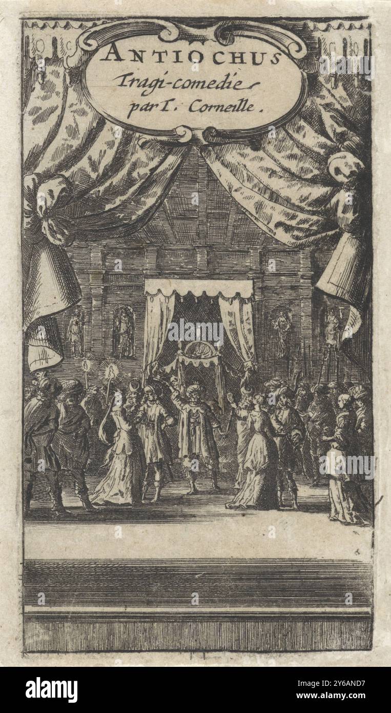 Seleucus couronnes Antiochus, page titre pour : Corneille, Thomas. Antiochus. Tragi-comédie, 1666, Séleucus couronne son fils Antiochus comme roi dans la salle du trône, après qu'Antiochus tombe amoureux de sa belle-mère Stratonica. Stratonica se tient à côté de lui. Plusieurs courtisans regardent. Au-dessus des rideaux de théâtre et un cartouche avec le titre., estampe, imprimeur : Abraham Dircksz. Santvoort, éditeur : Abraham Wolfgang, imprimeur : pays-Bas, éditeur : Amsterdam, 1666, papier, gravure, hauteur, 116 mm × largeur, 65 mm Banque D'Images