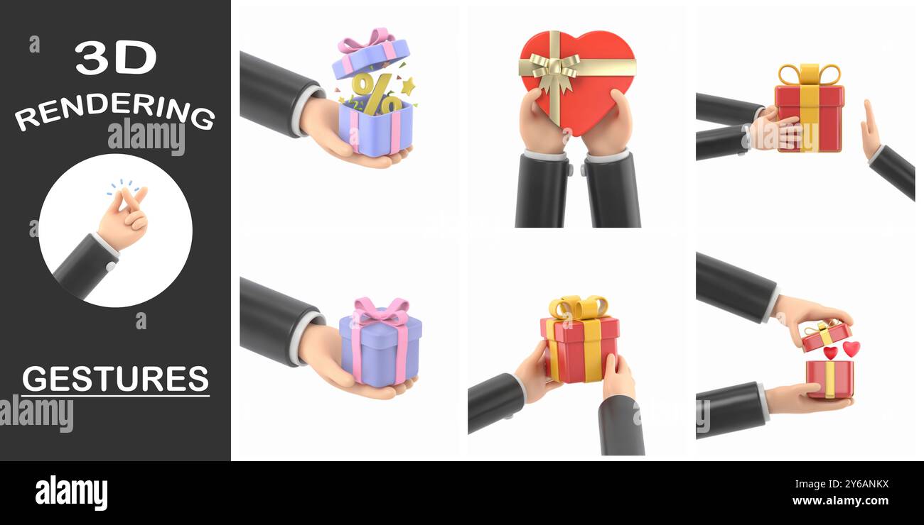 Collection de gestes de rendu 3D, icône de geste de dessin animé Mockup.3d icône cadeau dans la main. Dessin animé ARM Holding.3D rendu sur fond blanc. Banque D'Images