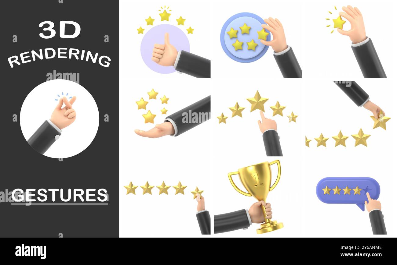 Collection de gestes de rendu 3D, maquette d'icône de geste de dessin animé. Nombre d'étoiles. Homme d'affaires tenant une étoile d'or à la main, pour en donner cinq. Concept de feedback. EVAL Banque D'Images