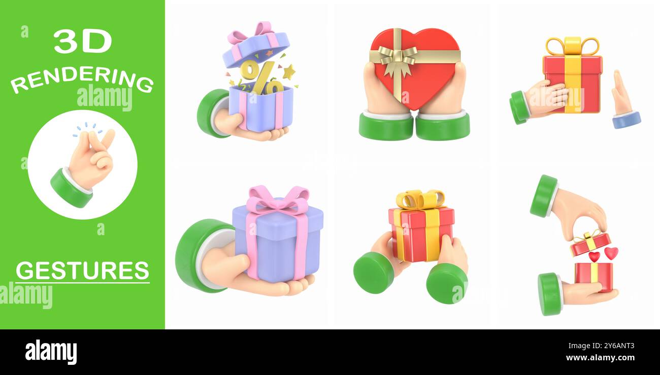 Collection de gestes de rendu 3D, icône de geste de dessin animé Mockup.3d icône cadeau dans la main. Dessin animé ARM Holding.3D rendu sur fond blanc. Banque D'Images