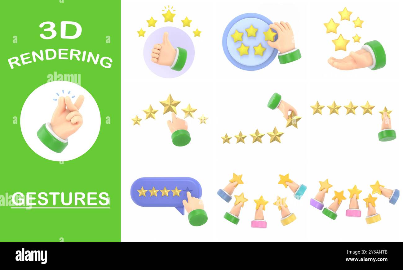 Collection de gestes de rendu 3D, maquette d'icône de geste de dessin animé. Nombre d'étoiles. Homme d'affaires tenant une étoile d'or à la main, pour en donner cinq. Concept de feedback. EVAL Banque D'Images