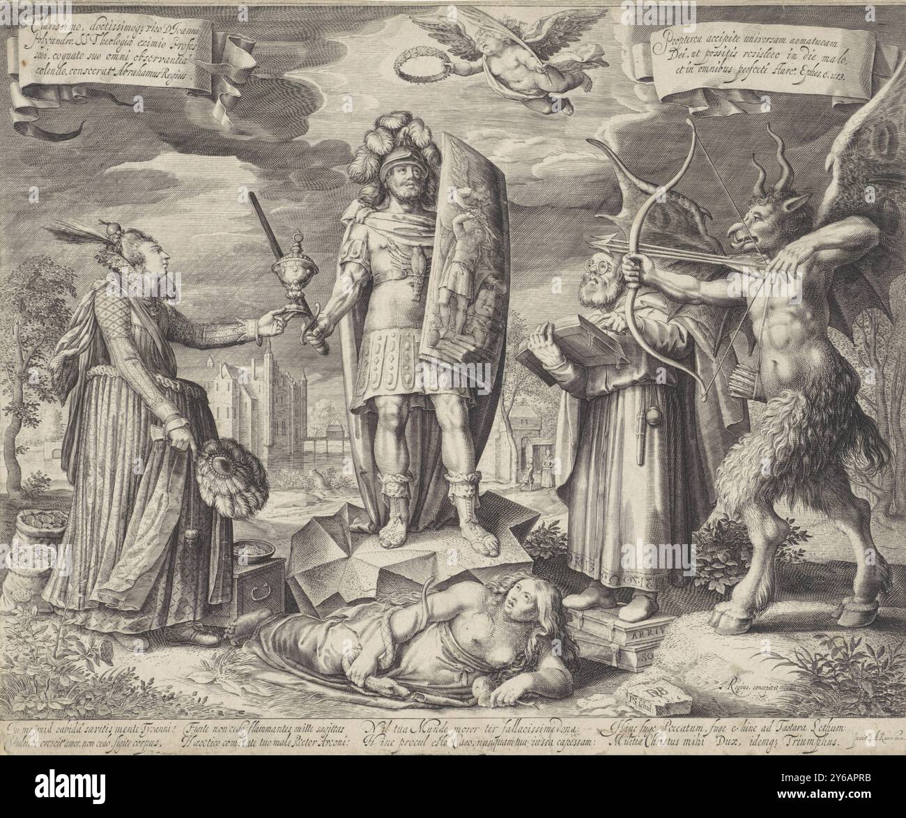 Chevalier chrétien, le héros de la foi, blindé comme un chevalier avec épée et bouclier à la main, se tient sur un rocher. Un petit ange avec une branche de palmier dans sa main tient une couronne de laurier au-dessus de sa tête. Il est entouré d'un diable avec un arc et une flèche et diverses tentations mondaines. Un château en arrière-plan. Au-dessous de l'impression sont quelques lignes de vers en latin., impression, imprimeur : Pieter Serwouters, (mentionné sur l'objet), après conception par : David Vinckboons, J.A. Rauestein, (peut-être), Amsterdam, 1614, papier, gravure, hauteur, 297 mm × largeur, 358 mm Banque D'Images