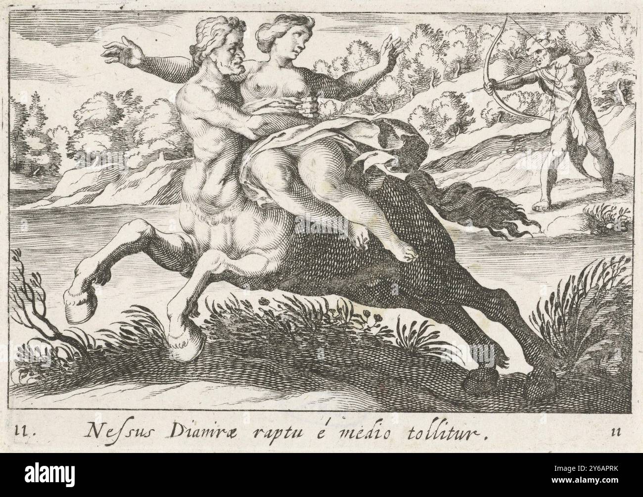 Nessus tente d'élope Deianira, Nessus Dianirae raptu é medio tollitur (titre sur objet), thèmes herculéens (titre de la série), le centaure Nessus tente d'élope Deianira. Sur la droite, Hercule dessine son arc pour empêcher cela., impression, imprimeur : Simon Frisius, après conception par : Antonio Tempesta, imprimeur : pays-Bas du Nord, après conception par : Italie, 1610 - 1664, papier, gravure, hauteur, 98 mm × largeur, 139 mm Banque D'Images