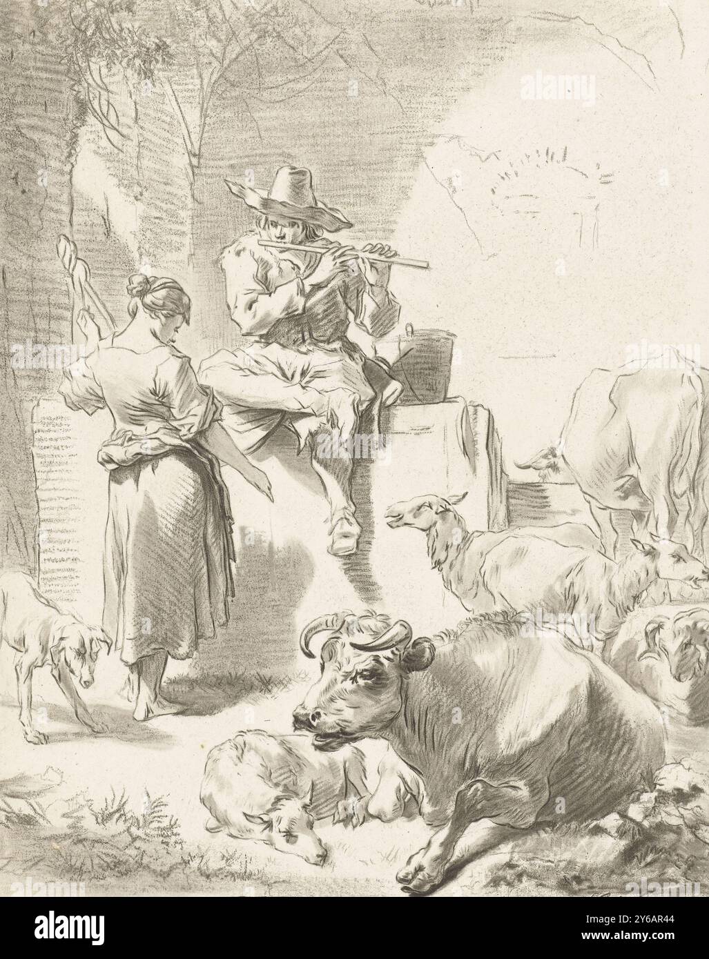 Berger jouant de la flûte et berger ronronnant, Un berger est assis sur un rocher et joue de la flûte. À côté de lui se tient une bergère qui ronronne. Chèvres et vaches entourent le couple., impression, imprimeur : Jurriaan Cootwijck, après dessin par : Nicolaes Pietersz Berchem, Amsterdam, 1724 - 1798, papier, largeur, 200 mm × hauteur, 252 mm Banque D'Images