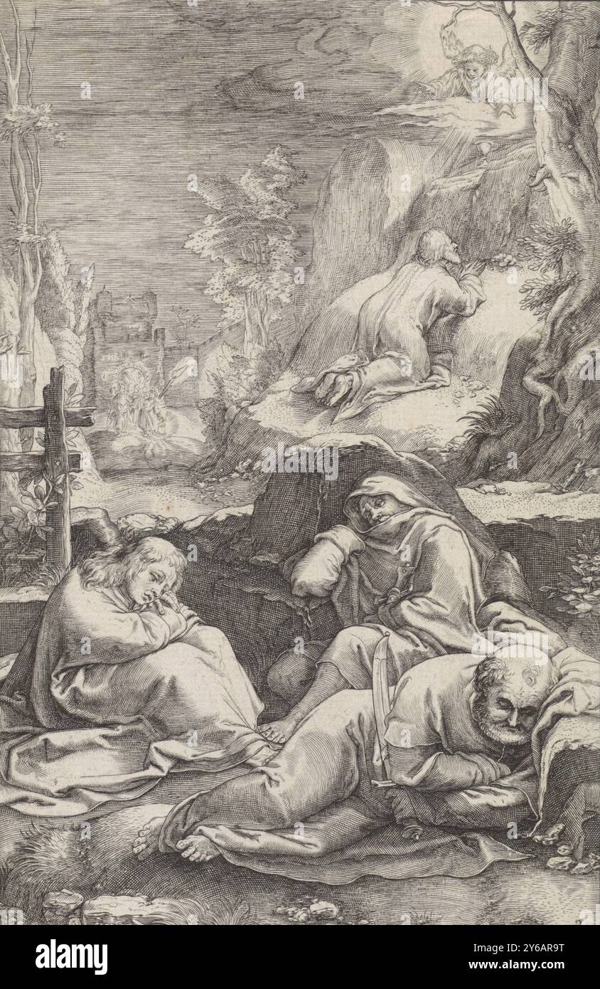 Christ dans le jardin de Gethsémani, la passion (titre de la série), Christ prie dans le jardin de Gethsémani. Un ange lui apparaît et lui montre un calice. Au premier plan trois disciples endormis. Le groupe de soldats arrive par la porte de la ville sur la droite., imprimeur, imprimeur : Ludovicus Siceram, imprimeur : Lucas Vorsterman (I), (attribution rejetée), après impression par : Hendrick Goltzius, Anvers, 1623, papier, gravure, hauteur, 194 mm × largeur, 127 mm Banque D'Images