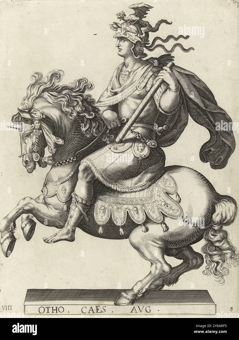 Portrait équestre de l'empereur Otho, Portraits d'empereurs romains (titre de la série), empereur Otho à cheval, représenté de profil avec état-major de commandement dans sa main et casque de dragon sur sa tête., impression, imprimeur : Laurens Eillarts, après conception par : Antonio Tempesta, imprimeur : Rome, après conception par : Italie, 1616 - 1620, papier, gravure, hauteur, 301 mm × largeur, 226 mm Banque D'Images