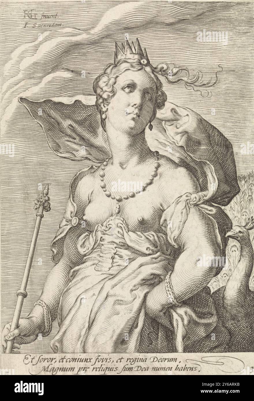 Junon, les trois déesses du jugement de Paris (titre de la série), la déesse Junon, avec une couronne sur la tête. A côté d'elle un paon, son attribut. L'estampe fait partie d'une série en trois parties avec les trois déesses du jugement de Paris et a une légende latine., estampe, imprimeur : Jan Saenredam, (mentionné sur l'objet), après conception par : Hendrick Goltzius, (mentionné sur l'objet), Cornelius Schonaeus, imprimeur : pays-Bas du Nord, éditeur : Amsterdam, 1575 - 1607 et, ou 1596 - 1652, papier, gravure, hauteur, 209 mm × largeur, 142 mm Banque D'Images