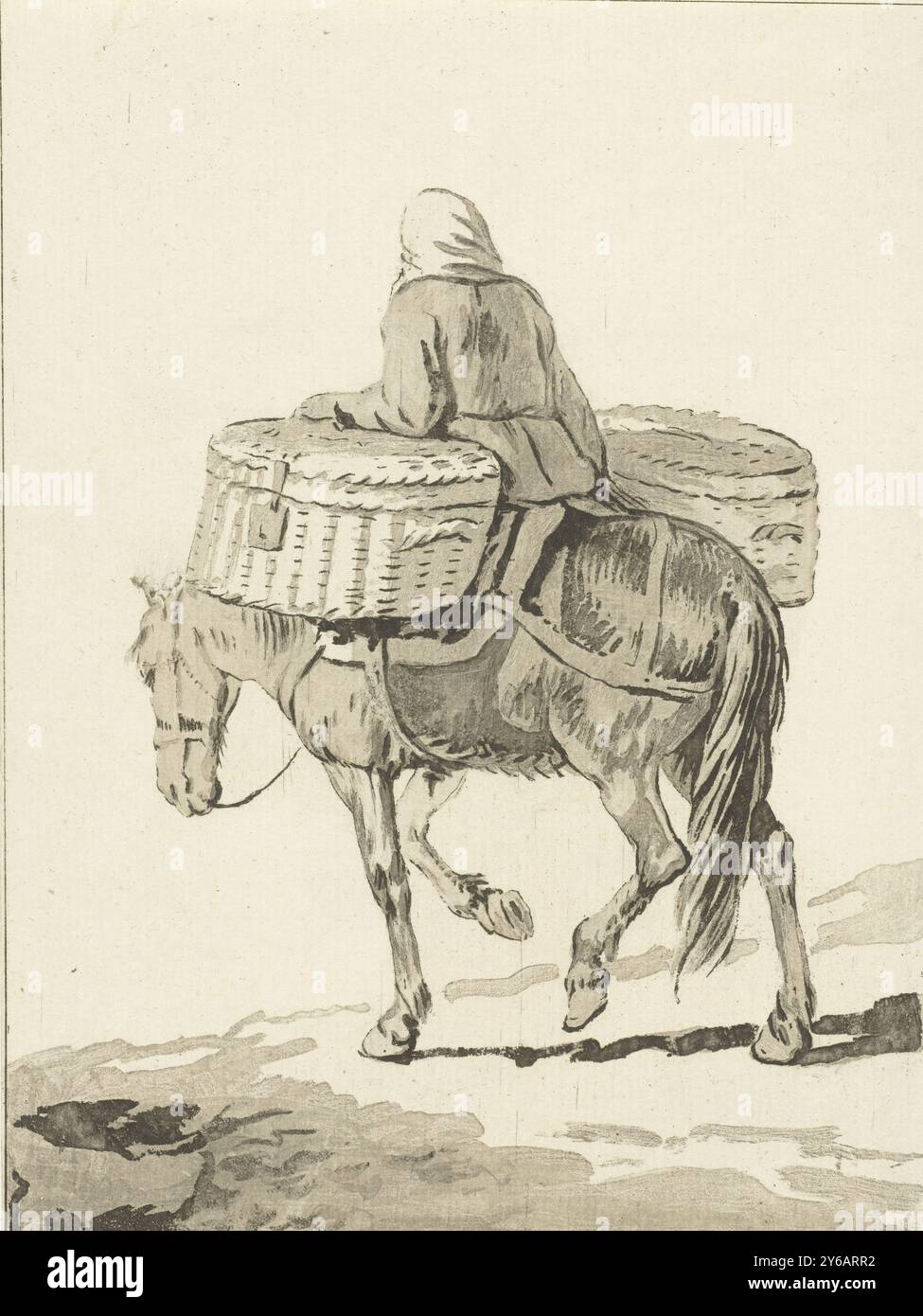 Femme à cheval, femme assise sur un cheval chargé, avec deux paniers de chaque côté du cheval., impression, imprimeur : Jurriaan Cootwijck, (attribué à), après dessin par : Pieter van Bloemen, (peut-être), imprimeur : Amsterdam, après dessin par : Anvers, 1724 - 1798, papier, hauteur, 189 mm × largeur, 140 mm Banque D'Images