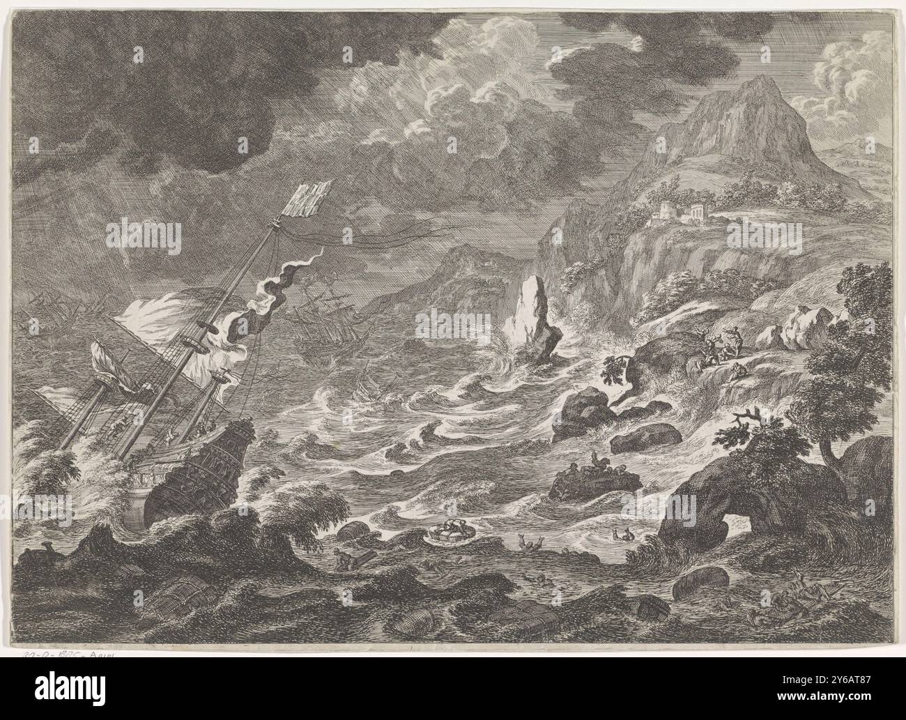 Naufrage, mer agitée sur une côte montagneuse. Sur la gauche en mer un navire à trois mâts, sur le point d'être englouti par la mer. Un autre navire a presque disparu dans les vagues. Les gens qui noyent essaient de se sauver sur l'épave flottante. Sur la droite de la côte quelques personnages qui ont échappé à la sécurité., imprimeur, imprimeur : anonyme, imprimeur : Minderhout, après conception par : Bonaventura Peeters (I), (éventuellement), 1600 - 1700, papier, gravure, hauteur, 302 mm × largeur, 418 mm Banque D'Images