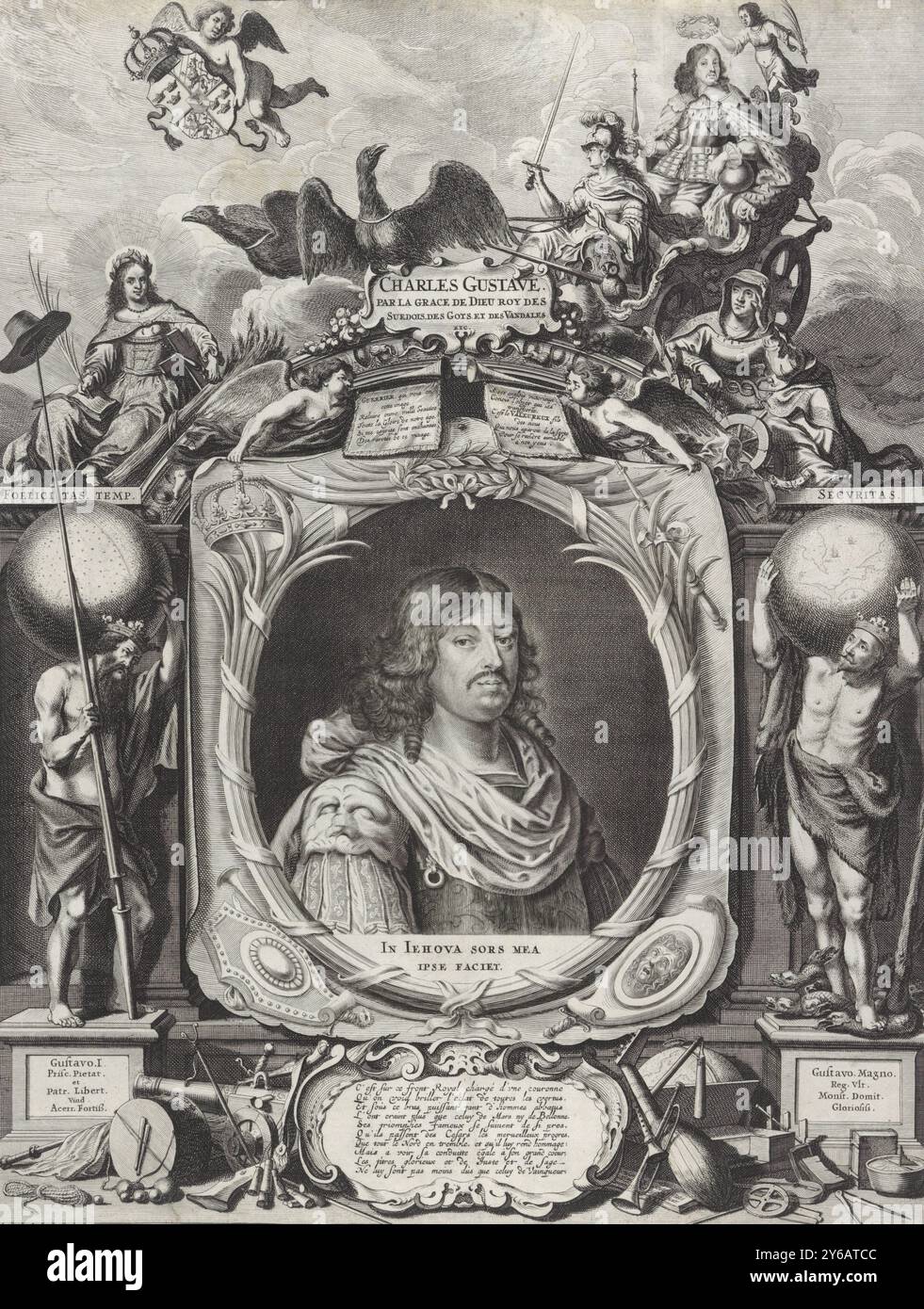 Portrait du roi Charles Gustave de Suède, Portrait de Charles Gustave, roi de Suède. Au sommet des nuages, Charles Gustave s'assit dans une voiture avec un sceptre à la main. Le chariot est conduit par Minerva et tiré par deux aigles. À gauche du portrait se trouve le roi Gustave Ier de Suède, qui lève un globe céleste et tient une lance de la liberté dans sa main. À droite du portrait se trouve Gustave II Adolphe, roi de Suède, habillé en Hercule et le globe terrestre sur ses épaules, piétinant les serpents. Sur le dessus de la moulure se trouve Faith à gauche. Sur la droite se trouve une figure allégorique Banque D'Images