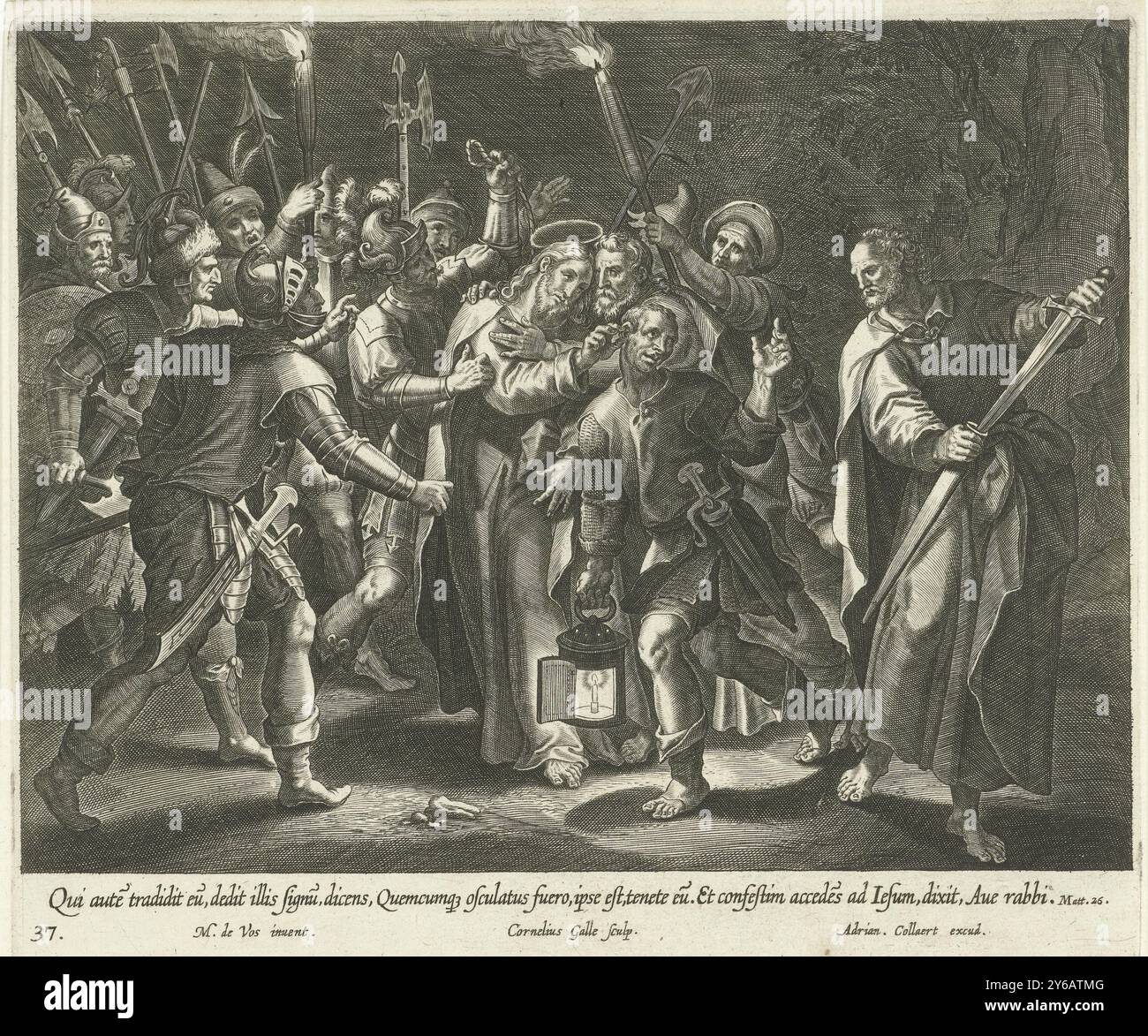 Judas baiser et arrestation du Christ, Vita, passio et Resvrrectio Iesv Christi (titre de la série), vie, passion et résurrection du Christ (titre de la série), Judas embrasse le Christ sur la joue. Les soldats l'entourent et l'arrêtent. Peter vient de couper l'oreille d'un soldat. Christ guérit le soldat et rattache l'oreille (Matthieu 26:51). L'imprimé a une légende latine. L'estampe fait partie d'une série sur la vie du Christ., estampe, imprimeur : Cornelis Galle (I), (mentionné sur l'objet), après conception par : Maerten de vos, (mentionné sur l'objet), éditeur : Adriaen Collaert, (mentionné sur l'objet), Anvers, 1598 - 1 Banque D'Images