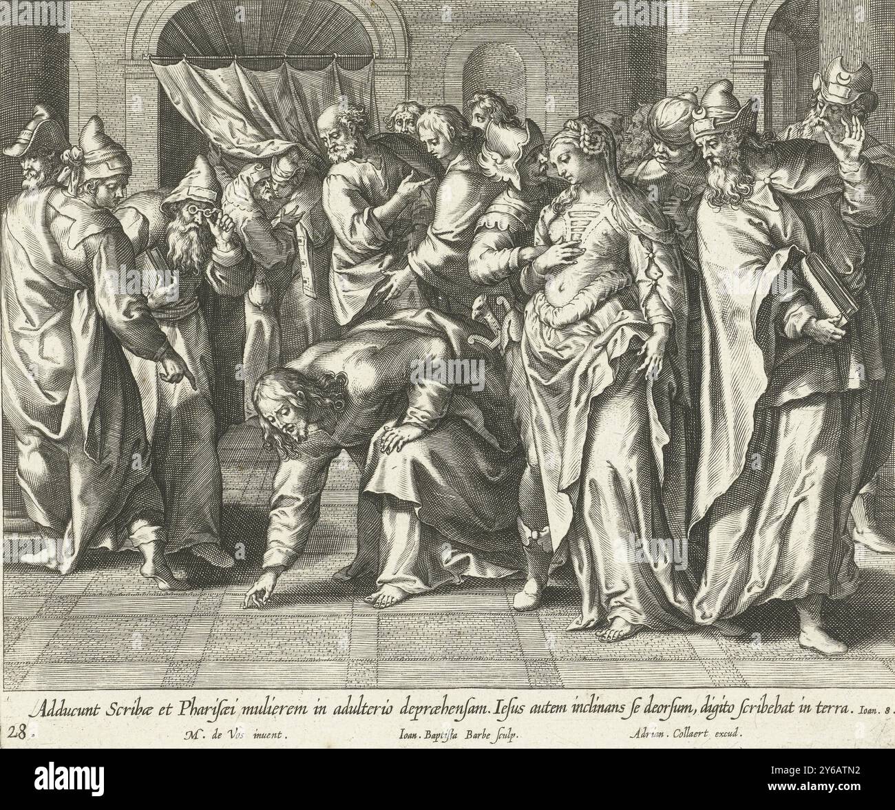 Christ et la femme pris en adultère, Vita, passio et Resvrrectio Iesv Christi (titre de la série), vie, passion et résurrection du Christ (titre de la série), dans le temple de Jérusalem les pharisiens apportent au Christ une femme prise en adultère. Il doit la juger. Christ écrit avec son doigt dans la terre et dit : «que celui qui est sans péché jette la première pierre» (Jean 8:2-11). L'imprimé a une légende latine. L'estampe fait partie d'une série sur la vie du Christ., estampe, imprimeur : Jan-Baptist Barbé, (mentionné sur l'objet), après conception par : Maerten de vos, (mentionné sur l'objet), éditeur : Adria Banque D'Images