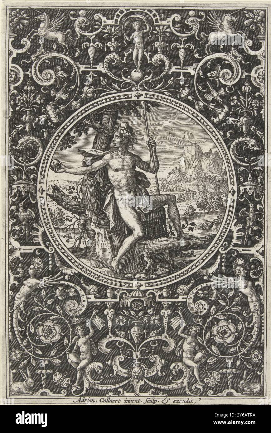 Médaillon représentant Paris, assis contre un arbre, médaillons avec des figures du jugement de Paris (titre de la série), Paris tient l'escroc du berger dans une main et la pomme dans l'autre. Il y a une licorne dans le cadre à la fois en haut à gauche et en haut à droite. Arrière-plan ombré. Partie d'une série de 6 feuilles avec médaillons dans un cadre de grotesques avec fleurs, guirlandes, animaux et mascarons., impression, imprimeur : Adriaen Collaert, (mentionné sur l'objet), après conception par : Adriaen Collaert, (mentionné sur l'objet), éditeur : Adriaen Collaert, (mentionné sur l'objet), pays-Bas, (éventuellement), 1570 - 1618 Banque D'Images