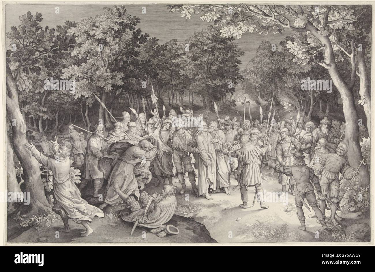 Baiser de Judas et arrestation de Christ, Christ et ses disciples dans le jardin de Gethsémani. Judas embrasse Christ sur la joue. Les soldats l'entourent et l'arrêtent. Peter tente de défendre le Christ et attaque l'un des soldats., imprimerie, imprimeur : Nicolaes de Bruyn, (mentionné sur l'objet), après dessin de : Nicolaes de Bruyn, (mentionné sur l'objet), Anvers, 1612 - 1615, papier, gravure, largeur, 663 mm × hauteur, 435 mm Banque D'Images