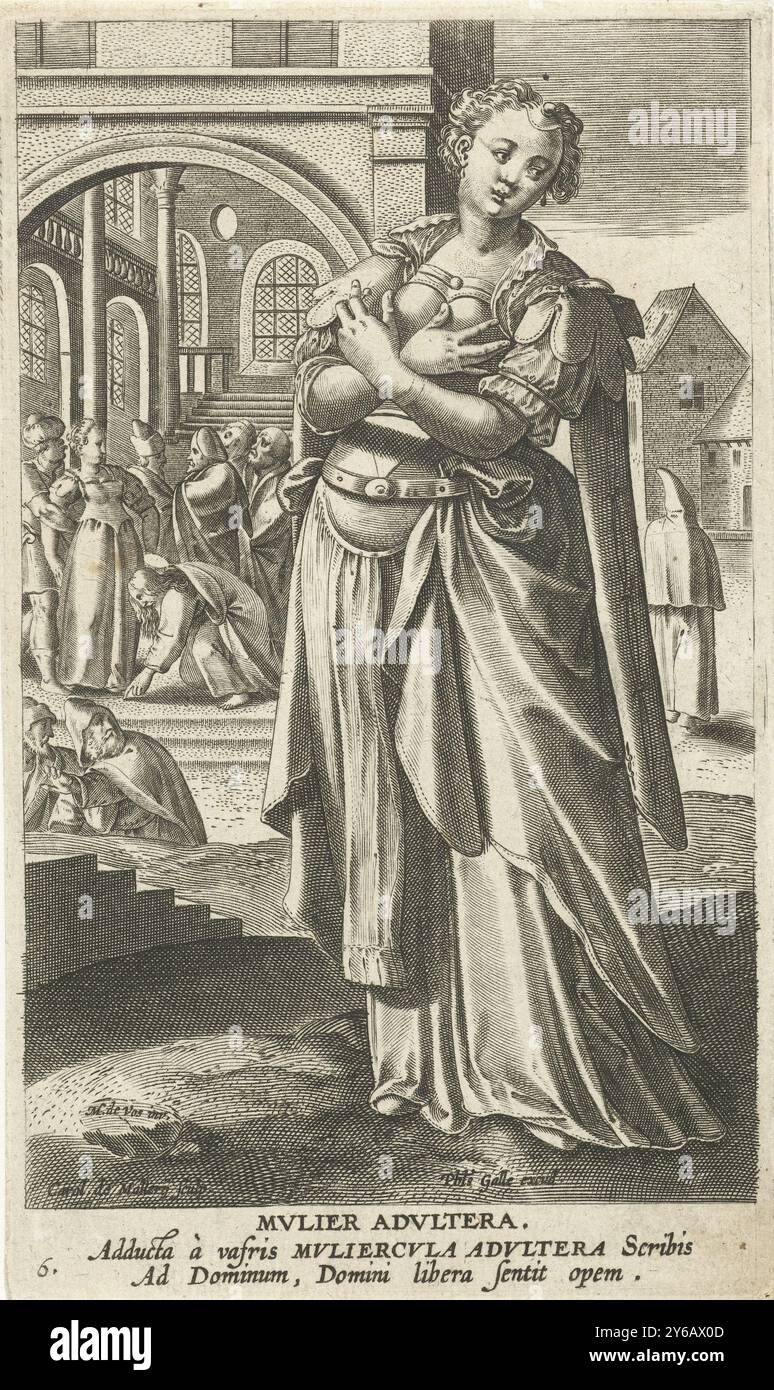 Adultère, Mvlier Advltera (titre sur objet), femmes célèbres du Nouveau Testament (titre de la série), Icones Illvstrivm Feminarvm Novi Testamenti (titre de la série), au premier plan L'adultère. En arrière-plan, les pharisiens amènent une femme adultère au Christ dans le temple. Christ écrit avec son doigt sur le sol. L'estampe a une légende latine et fait partie d'une série d'estampes avec des femmes célèbres du Nouveau Testament., estampe, imprimeur : Karel van Mallery, (mentionné sur l'objet), imprimeur : Jan Collaert (II), (attribution rejetée), après conception par : Maerten de vos, (mentionné sur l'objet), Banque D'Images