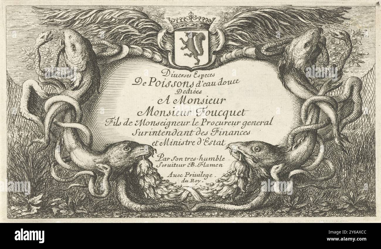 Cartouche avec poissons et serpents d'eau, poissons et autres créatures marines - première série d'eau douce (titre de la série), diverses Especes de poissons d'eau douce (titre de la série sur objet), cartouche avec une bordure de poissons et serpents d'eau. Texte français dans le cartouche avec le titre de la série et les noms du fabricant. Au sommet se trouve les armoiries de Nicolas Foucquet. Tirage titre pour la première série d'eau douce de cinq séries avec différentes espèces de poissons et autres animaux marins., tirage, imprimeur : Albert Flamen, (mentionné sur l'objet), éditeur : Jacques van Merlen, (mentionné sur l'objet), Lodewijk XIV (koning van Banque D'Images