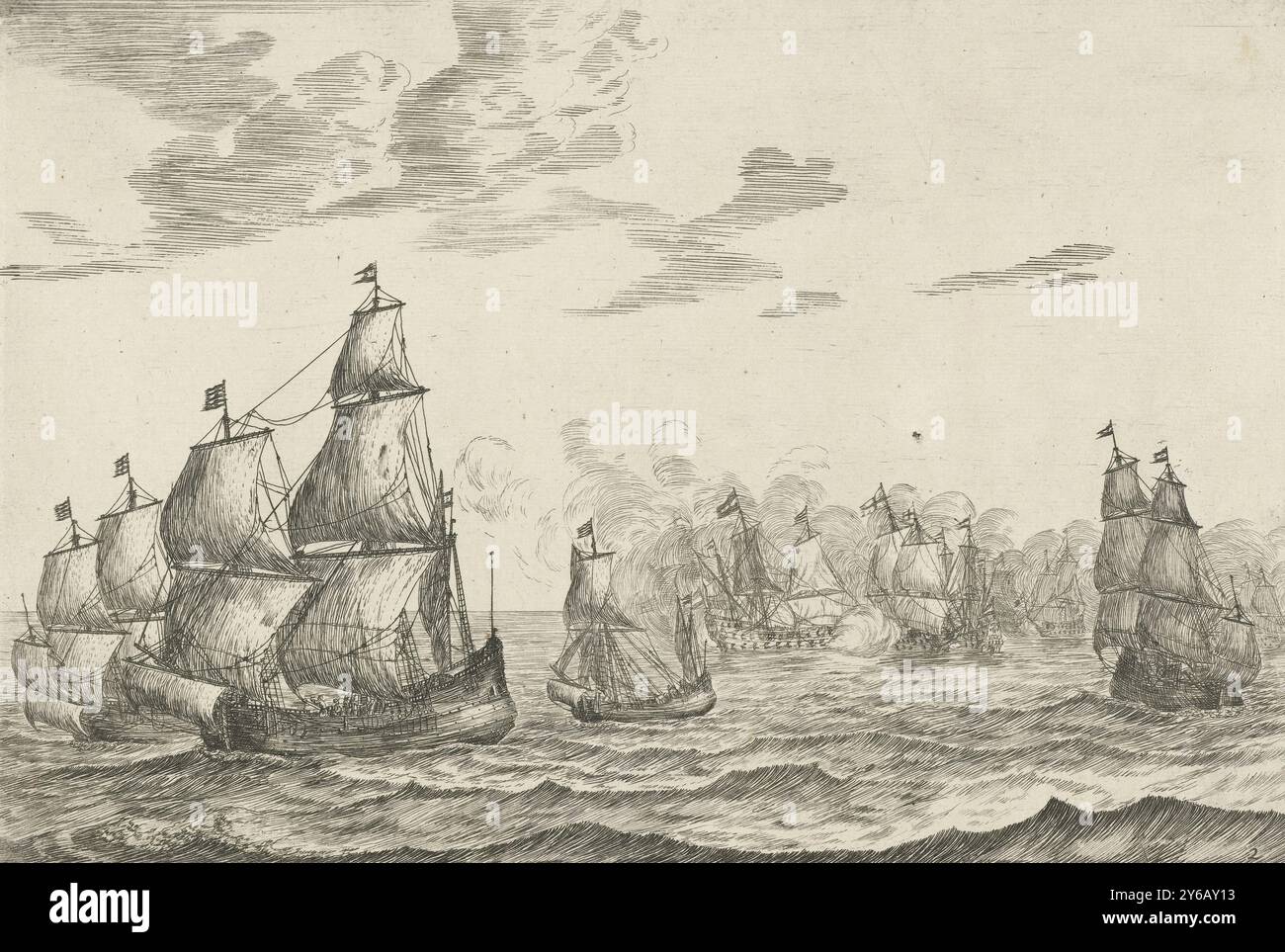 Sea Battle, New Ship Battalion (titre de la série), a laissé les navires marchands néerlandais s'éloigner de la bataille maritime. Sur la droite la bataille maritime, peut-être entre l'amiral Tromp et Robert Blake., imprimeur : Reinier Nooms, d'après sa propre conception par : Reinier Nooms, éditeur : Clément de Jonghe, (peut-être), pays-Bas, 1652 - 1670, papier, gravure, point sec, hauteur, 174 mm × largeur, 259 mm Banque D'Images