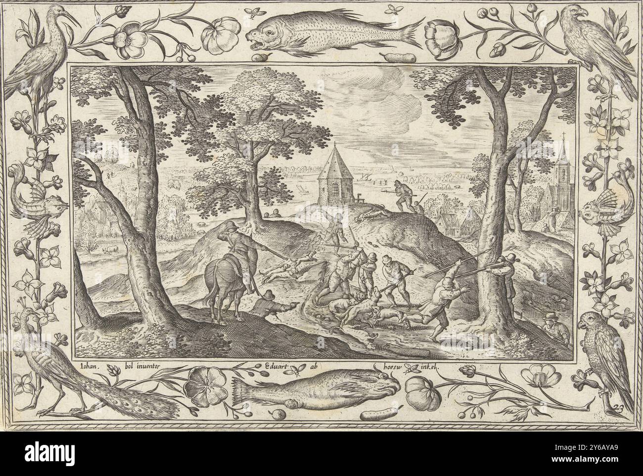 Chasse au loup, paysages avec des scènes bibliques, mythologiques et de chasse (titre de la série), paysage forestier avec chasse au loup. Au premier plan, un loup est tué par des chasseurs et leurs chiens. L'impression a un cadre ornemental avec des fleurs, des poissons et des animaux. Il fait partie d'une série de vingt-quatre parties de paysages avec des scènes bibliques, mythologiques et de chasse., estampe, imprimeur : Adriaen Collaert, (mentionné sur l'objet), après conception par : Hans bol, (mentionné sur l'objet), éditeur : Eduwart van Hoeswinckel, (mentionné sur l'objet), Anvers, 1582 - 1586, papier, gravure, hauteur, 141 mm × largeur Banque D'Images