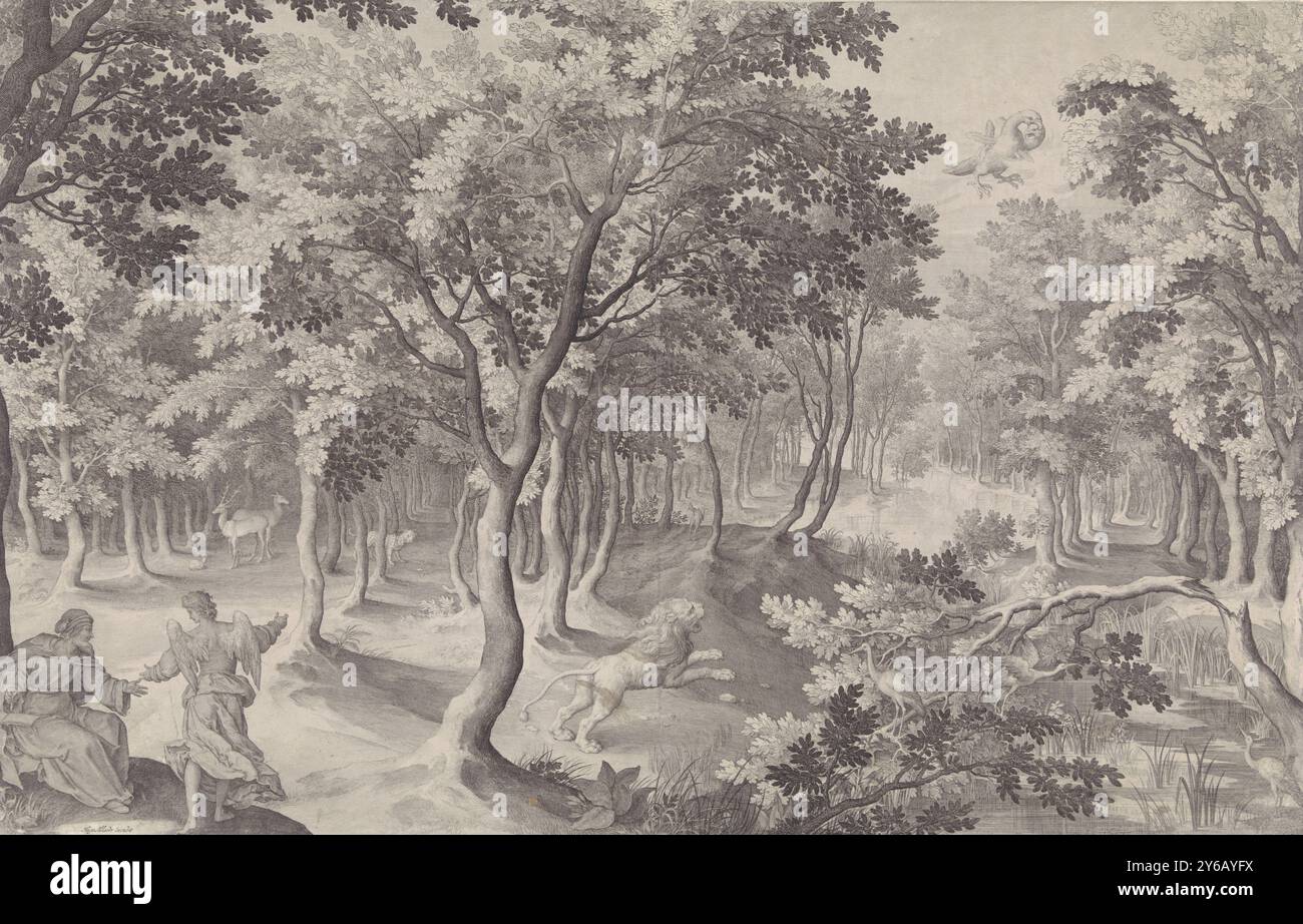 Cinquième Vision d'Esdras, cinquième Vision d'Esdras. Dans une forêt, un lion rugit vers le ciel, où un aigle brûlant à trois têtes se dévore. Au premier plan à gauche, un ange explique la vision au prophète Ezra (2 Esdras)., estampe, imprimeur : Nicolaes de Bruyn, (mentionné sur l'objet), après conception par : Nicolaes de Bruyn, (mentionné sur l'objet), éditeur : Hugo Allard (I), (mentionné sur l'objet), imprimeur : Anvers, éditeur : Amsterdam, 1608 et, ou 1630 - 1684, papier, gravure, largeur, 692 mm × hauteur, 448 mm Banque D'Images