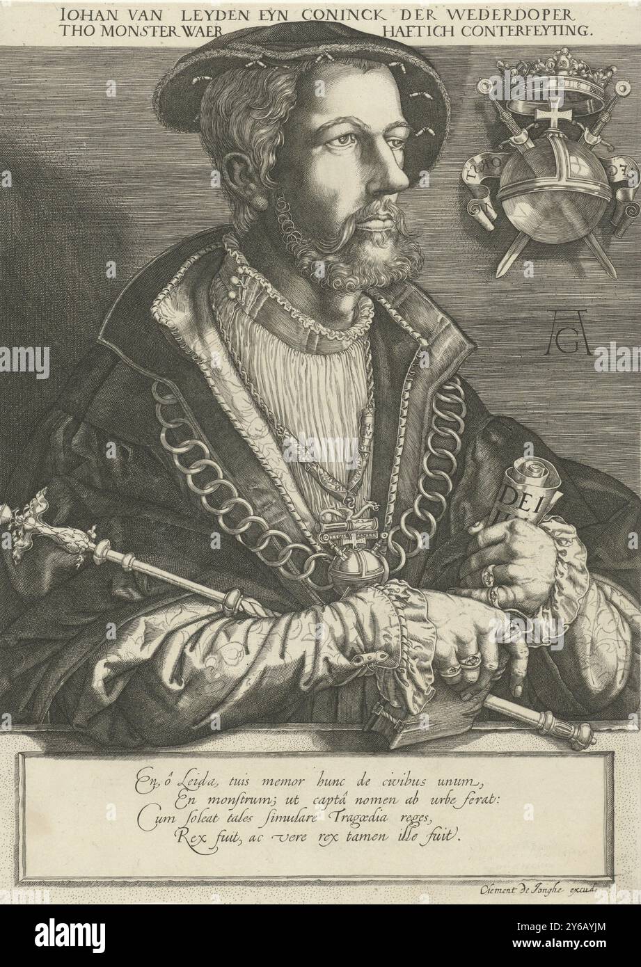 Portrait de Jan Beukelszoon van Leiden, Portrait de Jan Beukelszoon van Leiden, chef et roi autoproclamé des anabaptistes à Münster. Une chaîne autour de son cou, un sceptre sous son bras et une Bible et un pamphlet dans ses mains. En haut à droite un orbe couronné, percé de deux épées. En bas un verset de quatre lignes en latin., impression, imprimeur : Jan Harmensz. Muller, après impression par : Heinrich Aldegver, (mentionné sur l'objet), éditeur : Clément de Jonghe, (mentionné sur l'objet), Amsterdam, 1613 - 1617 et, ou 1643 - 1677, papier, gravure, hauteur, 316 mm × largeur, 227 mm Banque D'Images