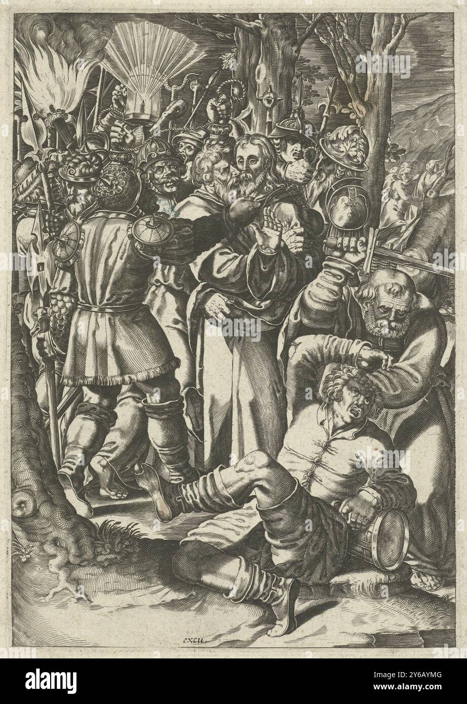 Capturant Christ, Judas embrasse Christ dans la foule pour montrer aux soldats qui ils cherchent. Immédiatement Christ est arrêté. Les disciples du Christ qui essaient de se tenir à ses côtés sont également traités durement., print, print Maker : Bartholomeus Willemsz. Dolendo, (éventuellement), Leyde, c. 1580 - c. 1625, papier, gravure, hauteur, 195 mm × largeur, 138 mm Banque D'Images