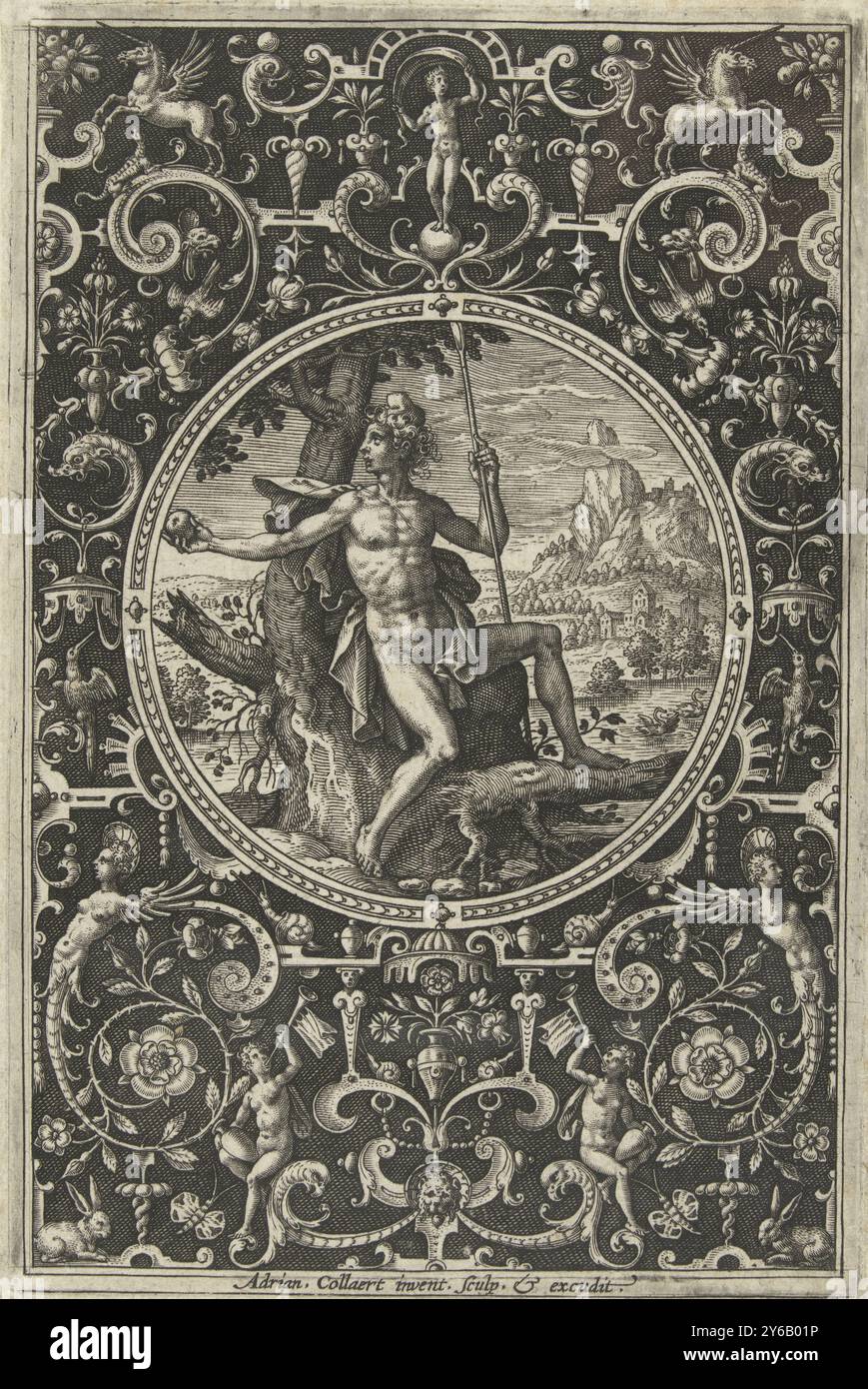 Médaillon représentant Paris, assis contre un arbre, médaillons avec des figures du jugement de Paris (titre de la série), Paris tient l'escroc du berger dans une main et la pomme dans l'autre. Médaillon en cadre de grotesques avec une licorne en haut à gauche et à droite. Arrière-plan ombré. Partie d'une série de 6 feuilles avec médaillons dans un cadre de grotesques avec fleurs, guirlandes, animaux et mascarons., impression, imprimeur : Adriaen Collaert, (mentionné sur l'objet), après conception par : Adriaen Collaert, (mentionné sur l'objet), éditeur : Adriaen Collaert, (mentionné sur l'objet), pays-Bas, (éventuellement), 1570 Banque D'Images