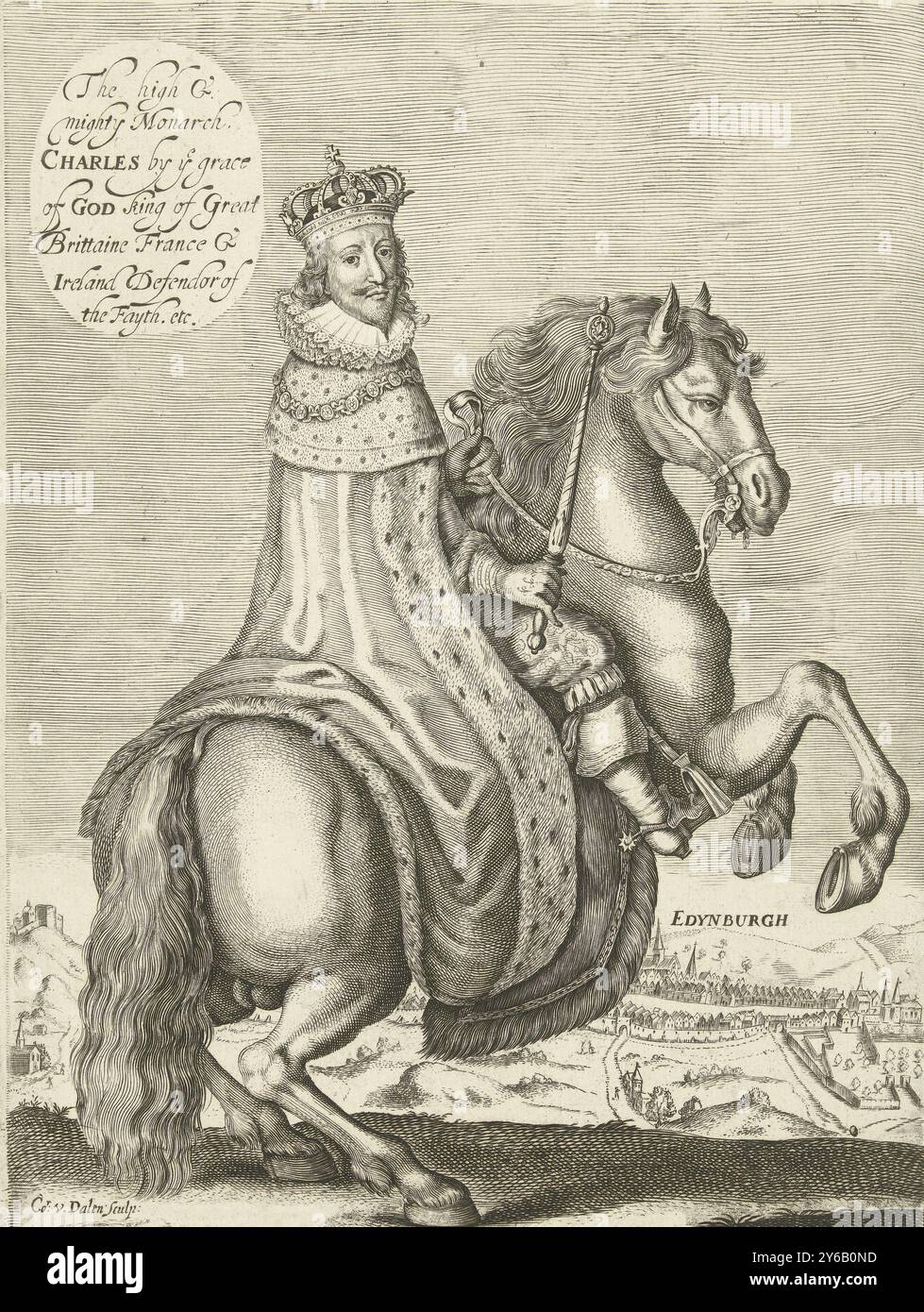 Portrait équestre de Charles Ier, roi d'Angleterre, le haut et puissant monarque Charles par y grâce de Dieu roi de Grande-Bretagne France & Irlande Défenseur des Fayth. ETC (titre sur objet), le puissant souverain Charles, avec la bénédiction de Dieu, roi de Grande-Bretagne, France et Irlande, défenseur de la foi, ETC, portrait équestre de Charles Ier, roi d'Angleterre, vêtu du manteau du roi, avec la couronne sur la tête et le sceptre à la main. Dans le paysage à l'arrière-plan est la ville d'Édimbourg., imprimeur, imprimeur : Cornelis van Dalen (I), (mentionné sur l'objet), 1625 - 1665, papier, gravure, lui Banque D'Images