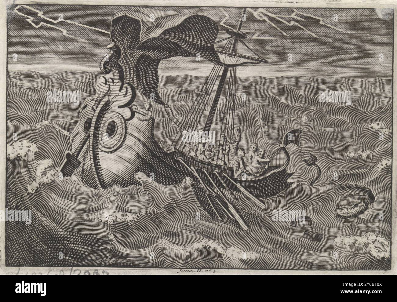 Jonah est jeté par-dessus bord par les pêcheurs, imprimeur, imprimeur : Jan Luyken, (possiblement), éditeur : Pieter mortier (I), (possiblement), imprimeur : Haarlem, éditeur : Amsterdam, 1703 - 1762, papier, gravure, typographie, hauteur, 108 mm × largeur, 158 mm Banque D'Images Jonah est jeté par-dessus bord par les pêcheurs, imprimeur, imprimeur : Jan Luyken, (possiblement), éditeur : Pieter mortier (I), (possiblement), imprimeur : Haarlem, éditeur : Amsterdam, 1703 - 1762, papier, gravure, typographie, hauteur, 108 mm × largeur, 158 mm Banque D'Images