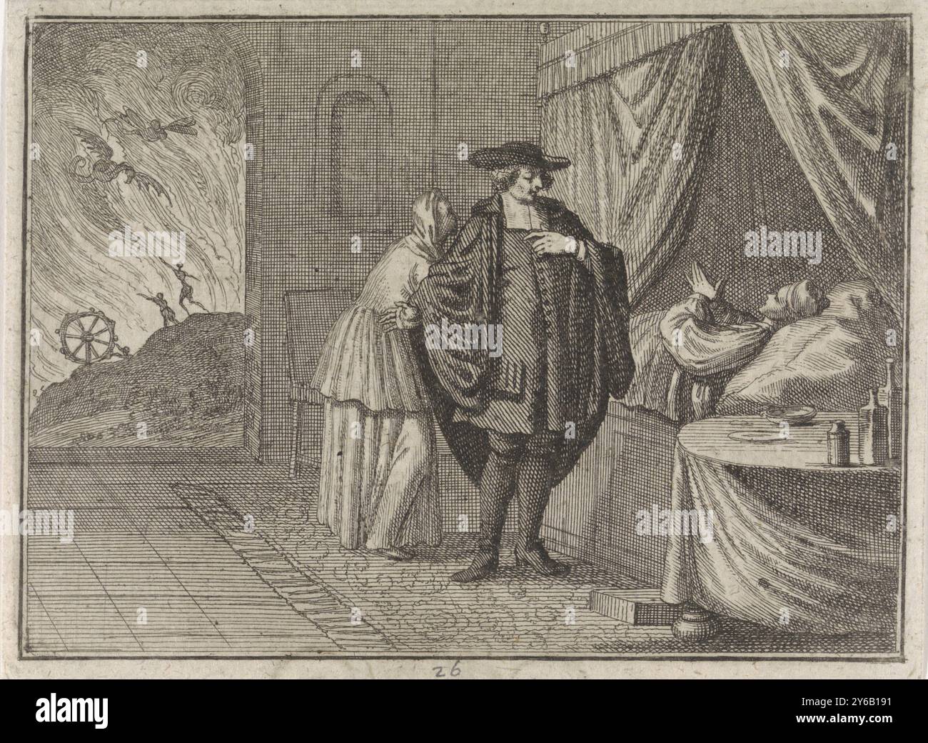 Mourir voit les flammes de l'enfer de son lit, autre dancken Gott um den Wein, du aber ums Wasser, estampe, imprimeur : Caspar Luyken, éditeur : Christoph Weigel, imprimeur : Frantz Martin Hertzen, Neurenberg, 1710, papier, gravure, typographie, hauteur, 85 mm × largeur, 115 mm Banque D'Images