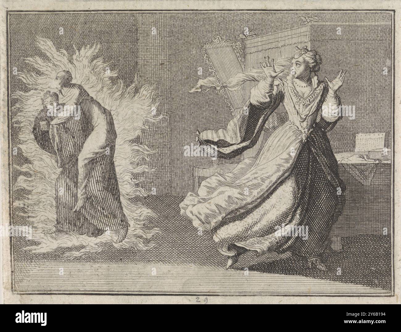 Veuve voit son mari mort et son confesseur dans les flammes de l'enfer, Durch Brillen, durch Brillen, und nicht durch die finger, print, print maker : Caspar Luyken, éditeur : Christoph Weigel, imprimeur : Frantz Martin Hertzen, Neurenberg, 1710, paper, gravure, typographie, hauteur, 87 mm × largeur, 112 mm Banque D'Images