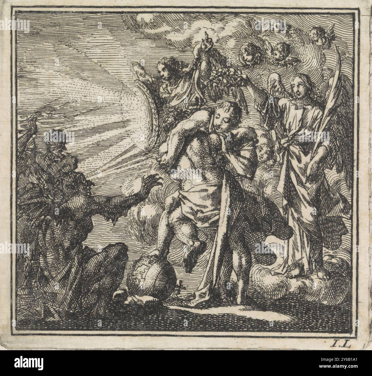 Lutte entre les personnifications de la démission et de la volonté, la lutte juridique, imprimeur, imprimeur : Jan Luyken, (mentionné sur l'objet), éditeur : weduwe Pieter Arentsz & Cornelis van der Sys (II), Amsterdam, 1710, papier, gravure, hauteur, 83 mm × largeur, 87 mm Banque D'Images