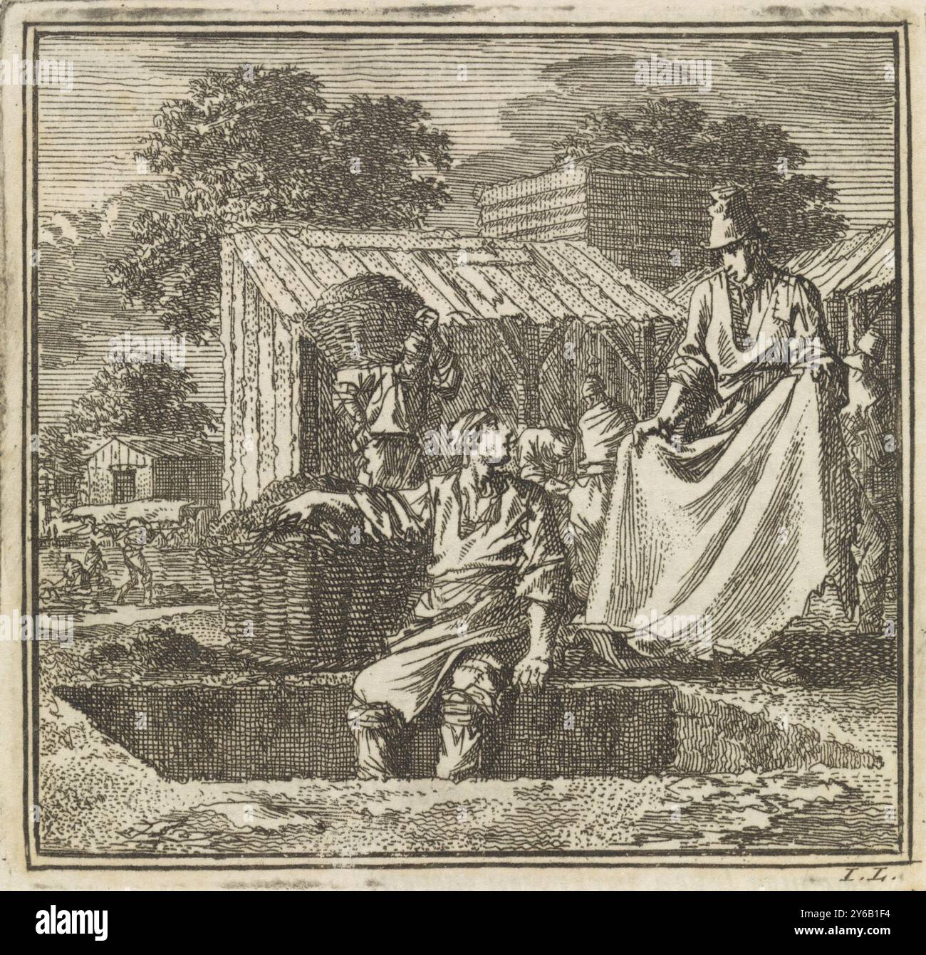 Homme assis au bord d'une fosse profonde, de Loyery, imprimeur, imprimeur : Jan Luyken, (mentionné sur l'objet), éditeur : weduwe Pieter Arentsz & Cornelis van der Sys (II), Amsterdam, 1711, papier, gravure, typographie, hauteur, 84 mm × largeur, 87 mm Banque D'Images