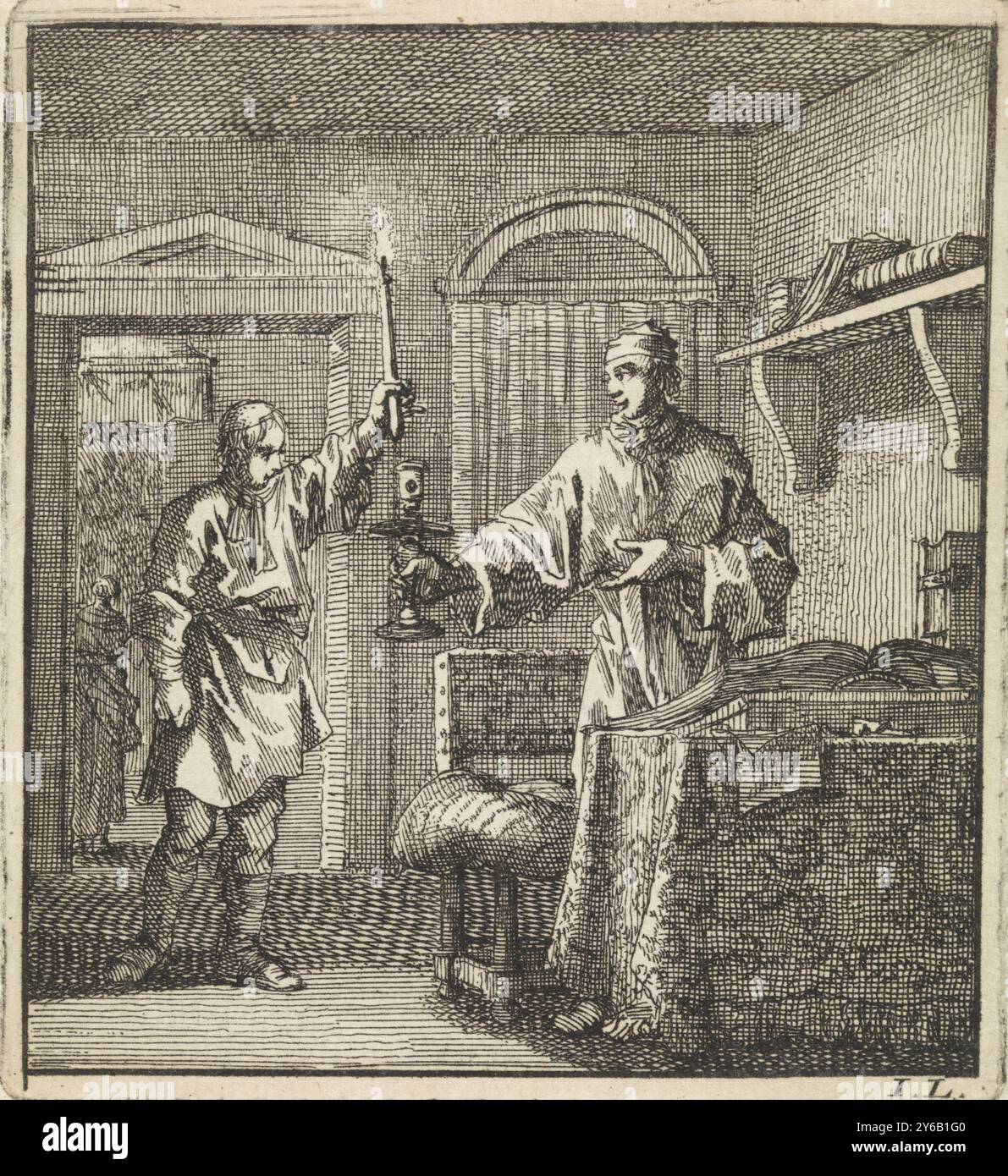 L'homme met une bougie allumée dans le chandelier qu'un autre homme tient prêt pour lui, le chandelier, imprimeur, imprimeur : Jan Luyken, (mentionné sur l'objet), éditeur : weduwe Pieter Arentsz & Cornelis van der Sys (II), Amsterdam, 1711, papier, gravure, hauteur, 95 mm × largeur, 86 mm Banque D'Images