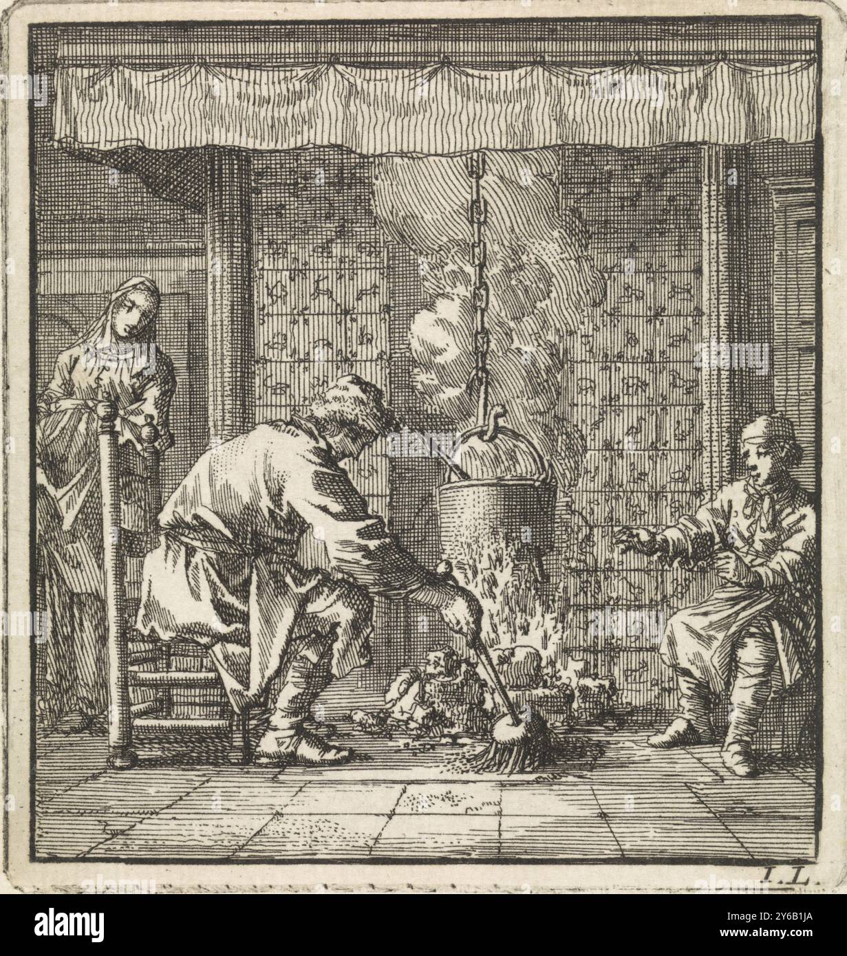 Man balaie des cendres vers une cheminée en feu, The Ash Sweeper, imprimeur, imprimeur : Jan Luyken, (mentionné sur l'objet), éditeur : weduwe Pieter Arentsz & Cornelis van der Sys (II), Amsterdam, 1711, papier, gravure, hauteur, 93 mm × largeur, 87 mm Banque D'Images