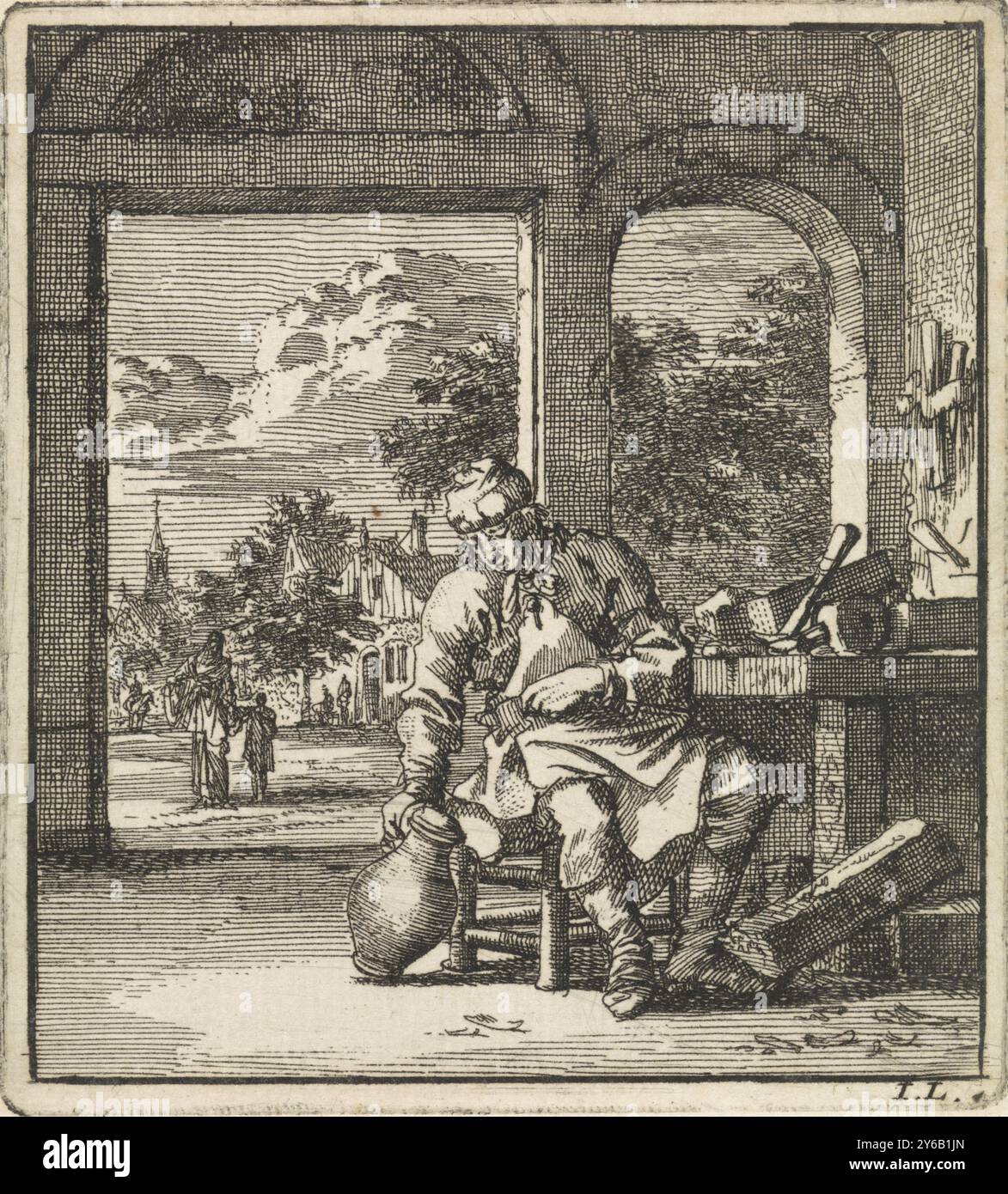 A côté d'un banc de rabotage se trouve un homme avec une cruche, de Kan, imprimeur, imprimeur : Jan Luyken, (mentionné sur l'objet), éditeur : weduwe Pieter Arentsz & Cornelis van der Sys (II), Amsterdam, 1711, papier, gravure, hauteur, 96 mm × largeur, 87 mm Banque D'Images