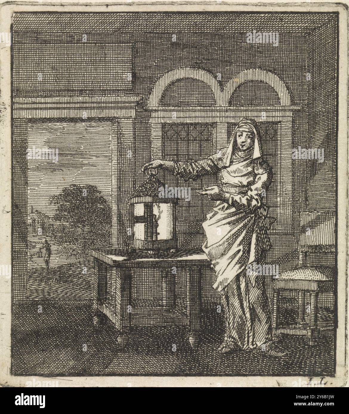 Femme pose une lanterne brûlante sur une table, les lanternes, estampe, imprimeur : Jan Luyken, (mentionné sur l'objet), éditeur : weduwe Pieter Arentsz & Cornelis van der Sys (II), Amsterdam, 1711, papier, gravure, hauteur, 96 mm × largeur, 86 mm Banque D'Images