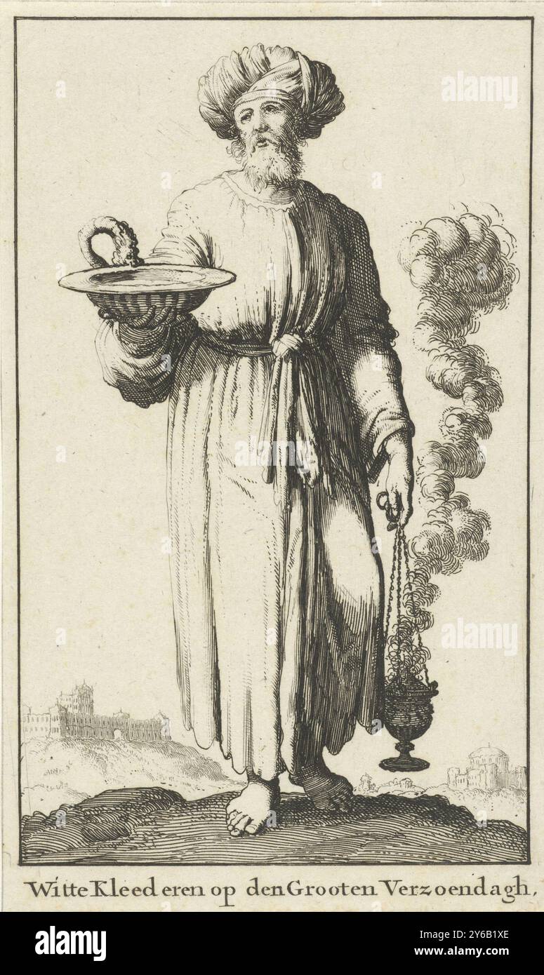 Grand prêtre en vêtements liturgiques blancs associés au jour des Expiations (variante A), vêtements blancs le jour des Expiations (titre sur l'objet), estampe, imprimeur : Jan Luyken, éditeur : Willem Goeree, Amsterdam, 1682, papier, gravure, hauteur, 141 mm × largeur, 85 mm Banque D'Images