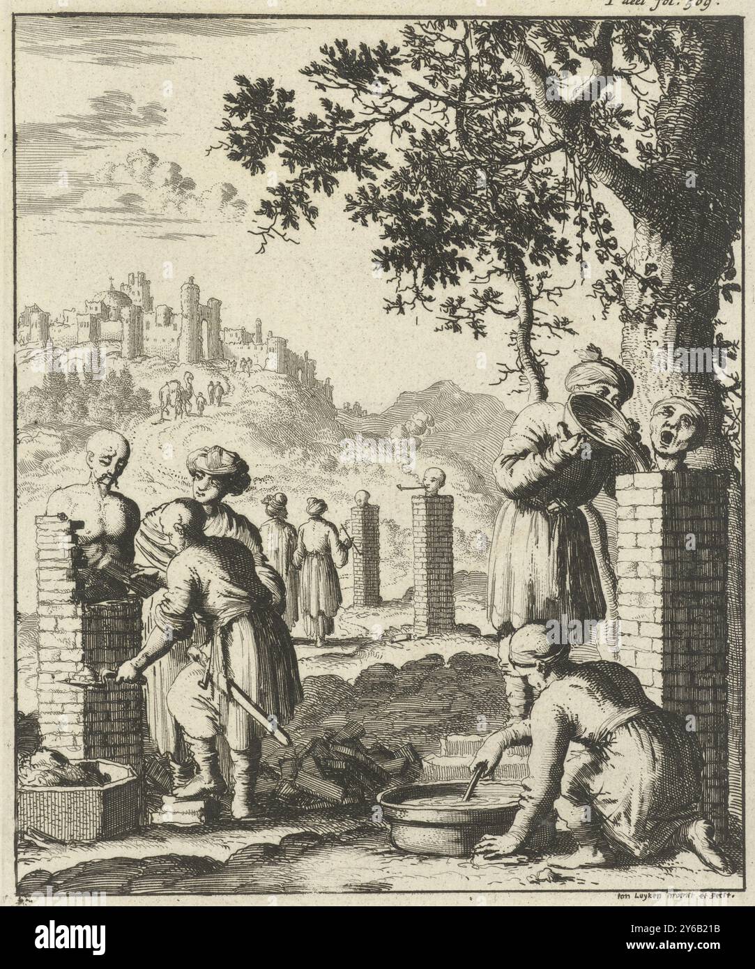 Voleurs et arnaquements briqués pour la punition, punitions cruelles pour les voleurs et arnaquements, impression marquée en haut à droite : je suis partie fol. 509., imprimerie, imprimeur : Jan Luyken, (mentionné sur l'objet), d'après son propre dessin par : Jan Luyken, (mentionné sur l'objet), éditeur : weduwe Joannes van Someren, Amsterdam, 1682, papier, gravure, hauteur, 167 mm × largeur, 136 mm Banque D'Images Voleurs et arnaquements briqués pour la punition, punitions cruelles pour les voleurs et arnaquements, impression marquée en haut à droite : je suis partie fol. 509., imprimerie, imprimeur : Jan Luyken, (mentionné sur l'objet), d'après son propre dessin par : Jan Luyken, (mentionné sur l'objet), éditeur : weduwe Joannes van Someren, Amsterdam, 1682, papier, gravure, hauteur, 167 mm × largeur, 136 mm Banque D'Images
