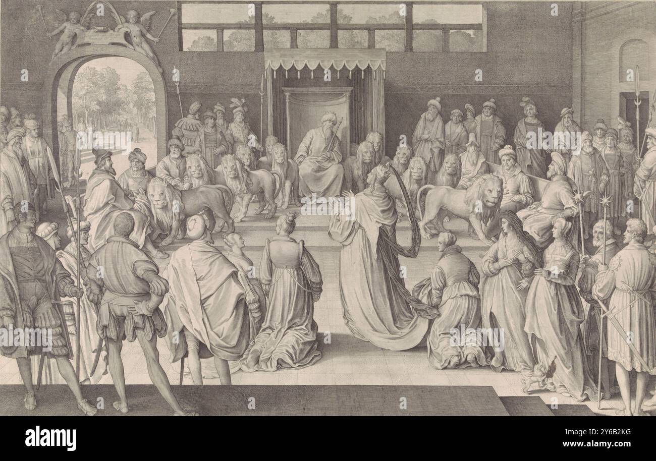 Salomon reçoit la reine de Sheba, la reine de Sheba s'agenouille devant le roi Salomon dans sa salle du trône. Six lions de part et d'autre du trône de Salomon., estampe, imprimeur : Nicolaes de Bruyn, (mentionné sur l'objet), d'après le dessin de : Nicolaes de Bruyn, (mentionné sur l'objet), Rotterdam, 1621, papier, gravure, largeur, 664 mm × hauteur, 425 mm Banque D'Images