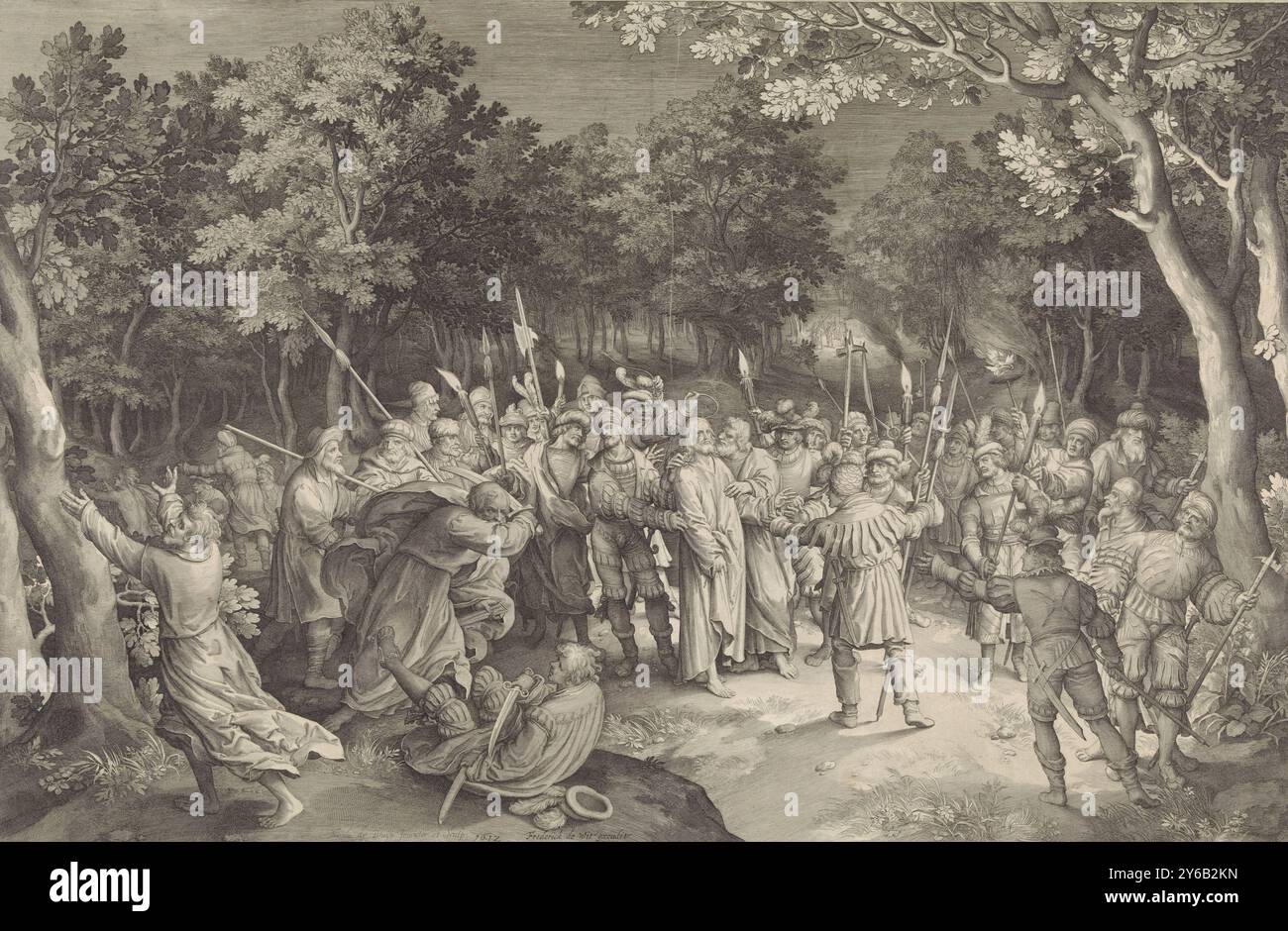 Baiser de Judas et arrestation de Christ, Christ et ses disciples dans le jardin de Gethsémani. Judas embrasse Christ sur la joue. Les soldats l'entourent et l'arrêtent. Peter tente de défendre le Christ et attaque l'un des soldats., imprimeur, imprimeur : Nicolaes de Bruyn, (mentionné sur l'objet), après conception par : Nicolaes de Bruyn, (mentionné sur l'objet), éditeur : Frederik de Wit, (mentionné sur l'objet), imprimeur : Anvers, éditeur : Amsterdam, 1612 et, ou 1639 - 1706, papier, gravure, largeur, 671 mm × hauteur, 439 mm Banque D'Images