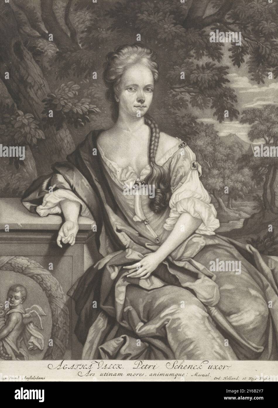Portrait d'Agatha Valck, Agatha Valck, épouse du graveur et éditeur Pieter Schenk., imprimeur, graveur : Pieter Schenk (I), (mentionné sur l'objet), éditeur : Pieter Schenk (I), (mentionné sur l'objet), Staten van Holland en West-Friesland, (mentionné sur l'objet), Amsterdam, 1690 - 1713, papier, gravure, hauteur, 248 mm × largeur, 183 mm Banque D'Images