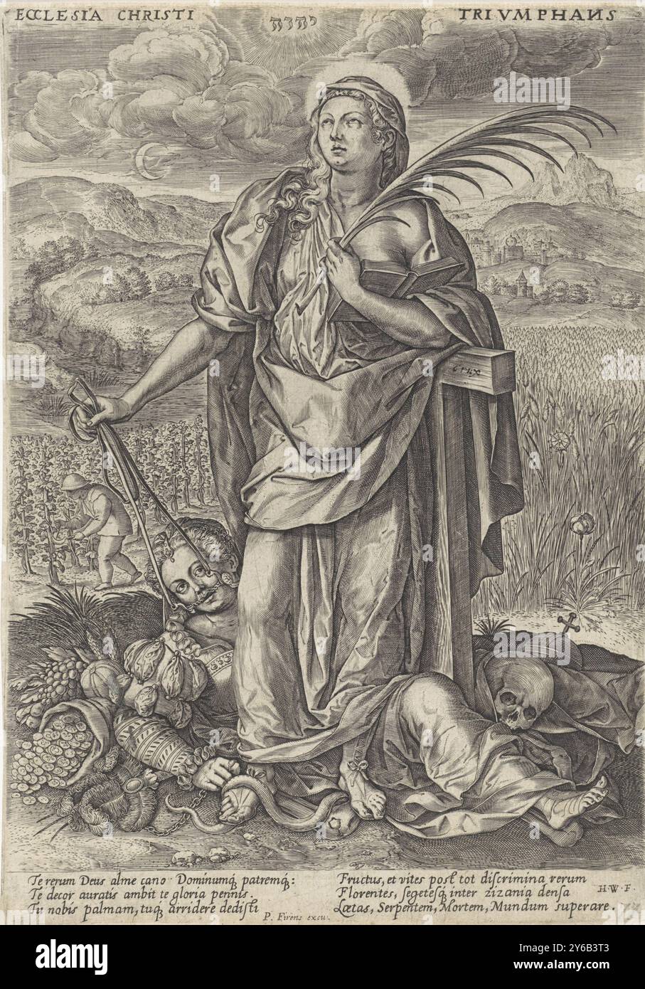 Triomphe de la foi, Ecclesia Christi Trivmphans (titre sur objet), paysage avec foi, derrière elle la croix. Elle tient une branche de palmier dans une main, et dans l'autre main les rênes de la mèche avec laquelle elle soumet l'hérésie. L'hérésie est piétinée par la foi. Elle lutte sur le terrain, entourée de symboles mondains. Dans le fond de gauche, un homme cueille des raisins dans un champ avec des vignes. En arrière-plan à droite se trouve un champ avec des épis de maïs. Au-dessus, dans le ciel, un tétragrammaton, symbole de Dieu le Père. Dans la marge une légende de six lignes, en deux colonnes, en latin., imprimeur, imprimeur : Johannes Wieri Banque D'Images