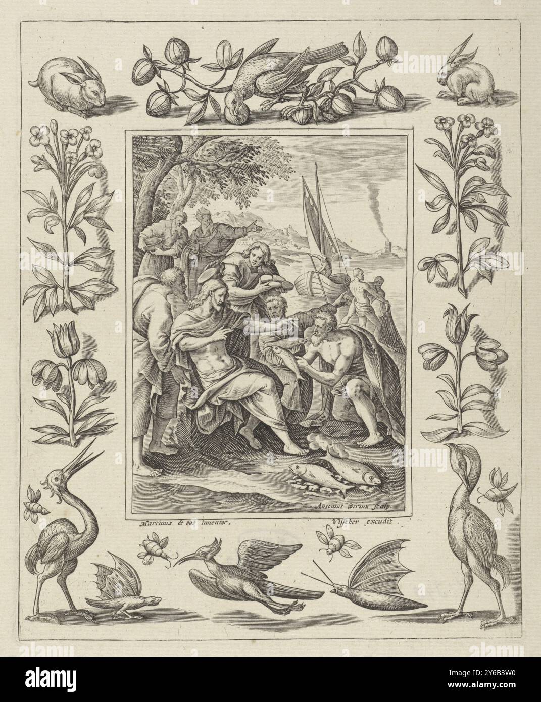 Christ à la mer de Galilée, passion du Christ (titre de la série), le Christ est assis sur le rivage de la mer de Tibériade et donne à ses disciples des instructions sur la façon d'attraper des poissons. Après n'avoir rien attrapé de toute la nuit, avec son aide, ils rentrent chez eux avec leurs filets pleins. La scène est contenue dans un cadre décoratif orné d'animaux, d'insectes et de fleurs., estampe, imprimeur : Antonie Wierix (II), (mentionné sur l'objet), d'après conception par : Maerten de vos, (mentionné sur l'objet), éditeur : Claes Jansz. Visscher (II), (mentionné sur l'objet), imprimeur : Antwerp, éditeur : Amsterdam, 1582 - 1586, papier, Banque D'Images