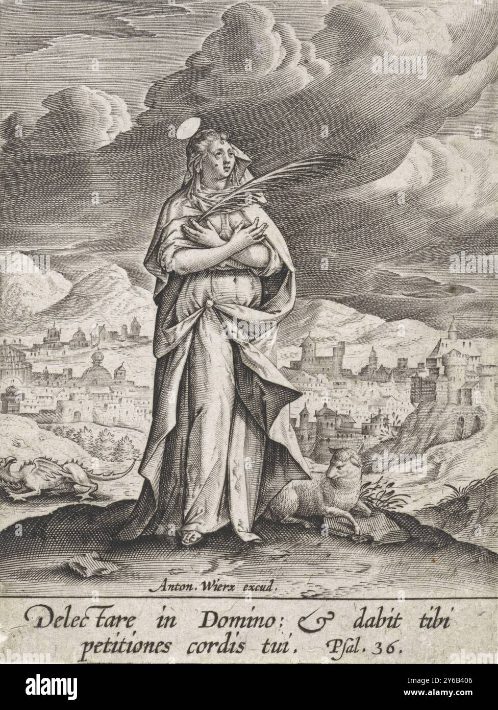 Paysage avec Sainte Marguerite d'Antioche, Sainte Marguerite d'Antioche se dresse sur une colline, les bras croisés sur sa poitrine. Un agneau repose à ses pieds. Derrière le dragon à gauche. En arrière-plan une vue d'une ville. Dans la marge, une citation biblique de deux lignes de PS. 36 en latin., impression, éditeur : Antonie Wierix (II), (mentionné sur l'objet), imprimeur : anonyme, Anvers, 1565 - avant 1604, papier, gravure, hauteur, 104 mm × largeur, 79 mm Banque D'Images