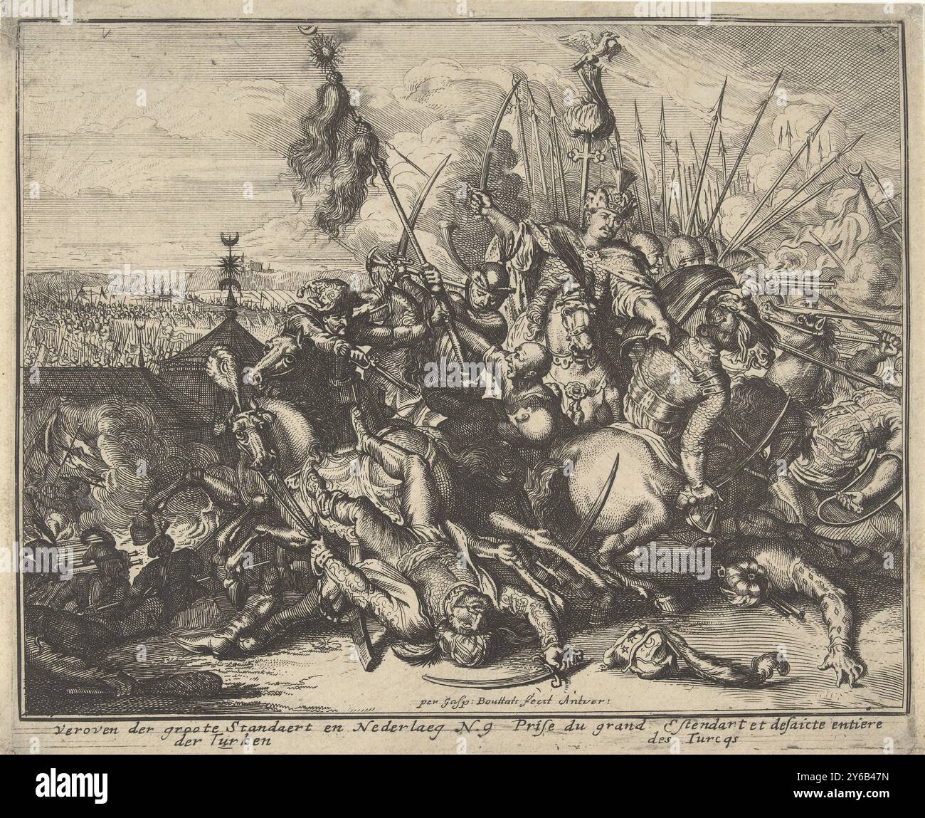 Défaite de l'armée ottomane pendant le siège de Vienne, brève description, et les changements dans les lieux dans ce livre, avec leur position actuelle, pertinente de la région, en Autriche (titre de la série), tiret titre tiré d'un livre sur la victoire de la coalition Pologne-Autriche et Saint Empire Romain germanique sur l'armée ottomane. L'estampe montre le champ de bataille de la libération de Vienne en 1683. Au milieu de l'impression, le roi polonais Jan Sobieski, se frayant un chemin à travers une unité de l'armée ottomane à cheval. Les Turcs tombent sous son épée et les armes de sa cohorte. Un des soldats polonais capturé Banque D'Images