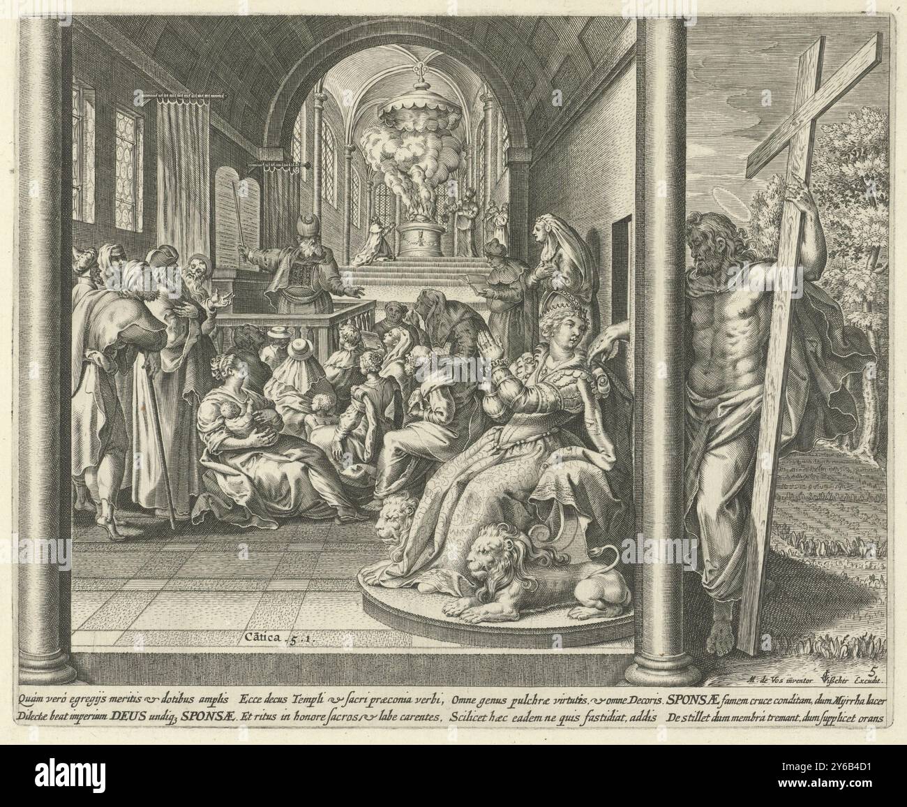 Christ touche son épouse, Cantica. 5,1. (Titre sur l'objet), chant de Salomon (titre de la série), Canticum Canticorum (titre de la série), la mariée du Christ (l'Église) est assise sur un trône dans un temple. Christ se tient dehors dans un jardin avec sa croix et sa main touche son épaule par une fenêtre. En arrière-plan, les spectateurs regardent un grand prêtre prêcher sur les tables de la Loi et un agneau est sacrifié sur un autel. L'estampe a une légende latine sur le chant de Salomon., estampe, imprimeur : anonyme, après estampe par : Johann Sadeler (I), après dessin par : Maerten de vos, (mentionné sur l'objet), après pr Banque D'Images